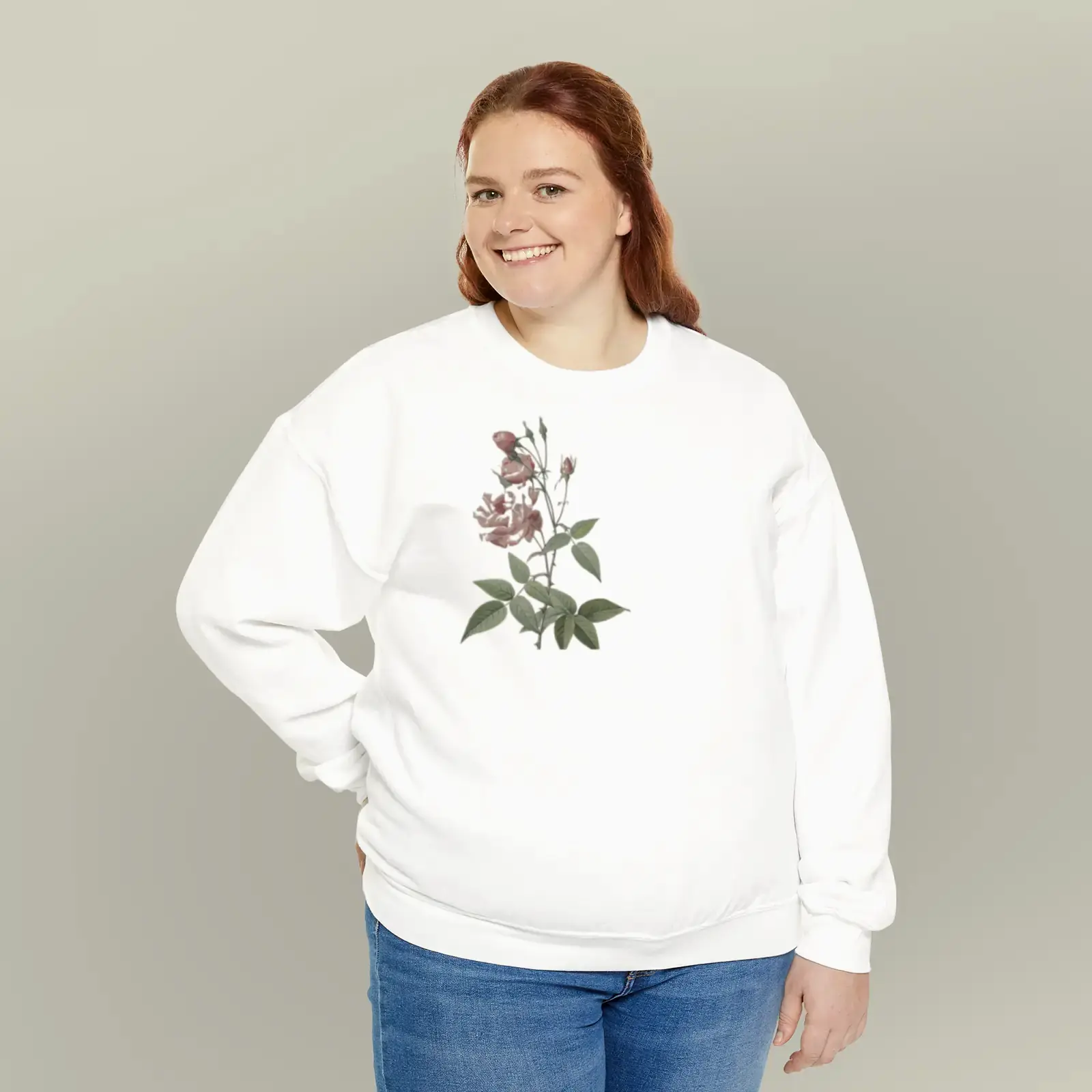 A motif from China or Bengal Rose, from Les Roses by Pierre-Joseph Redouté, printed on a crewneck sweatshirt