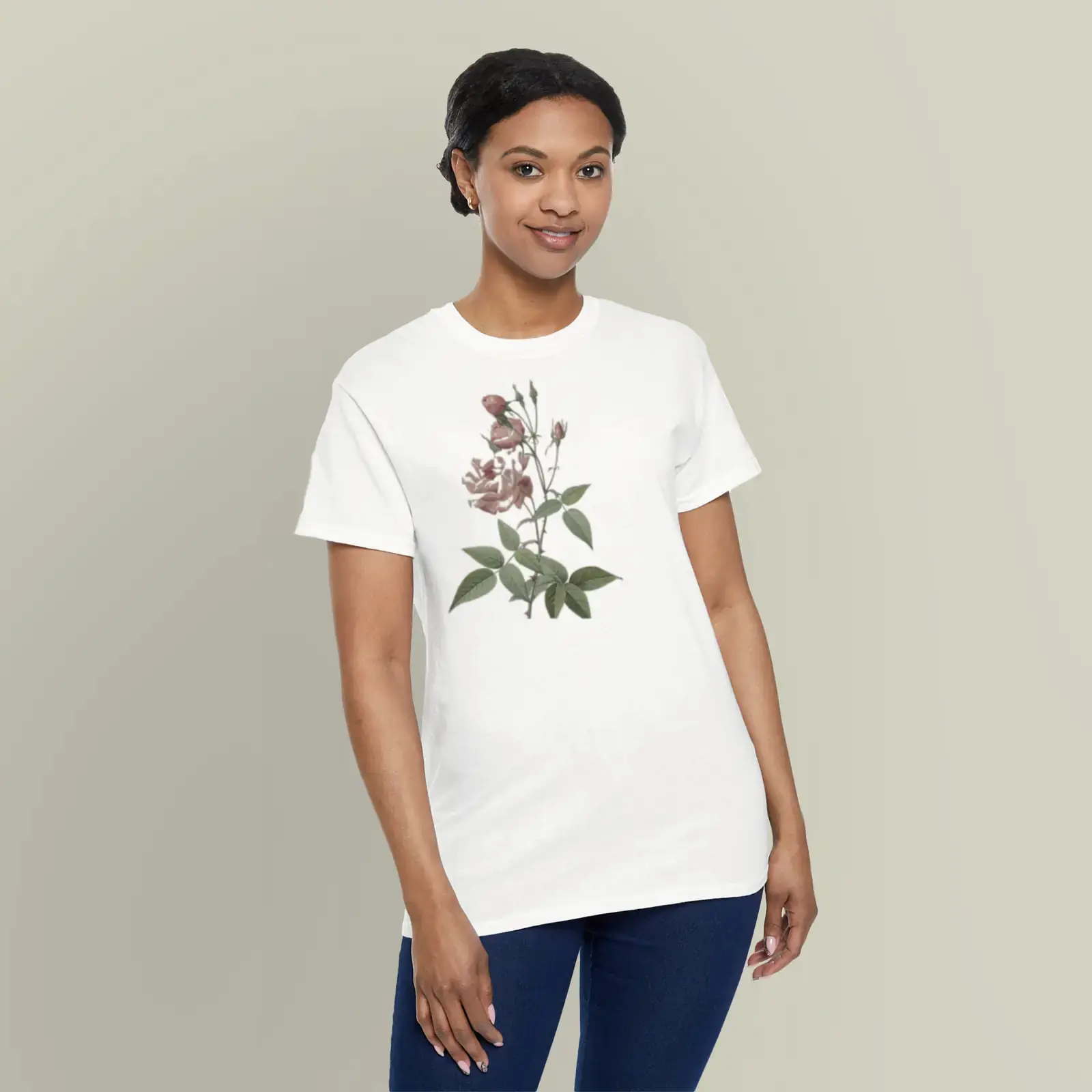 A motif from China or Bengal Rose, from Les Roses by Pierre-Joseph Redouté, printed on a t-shirt