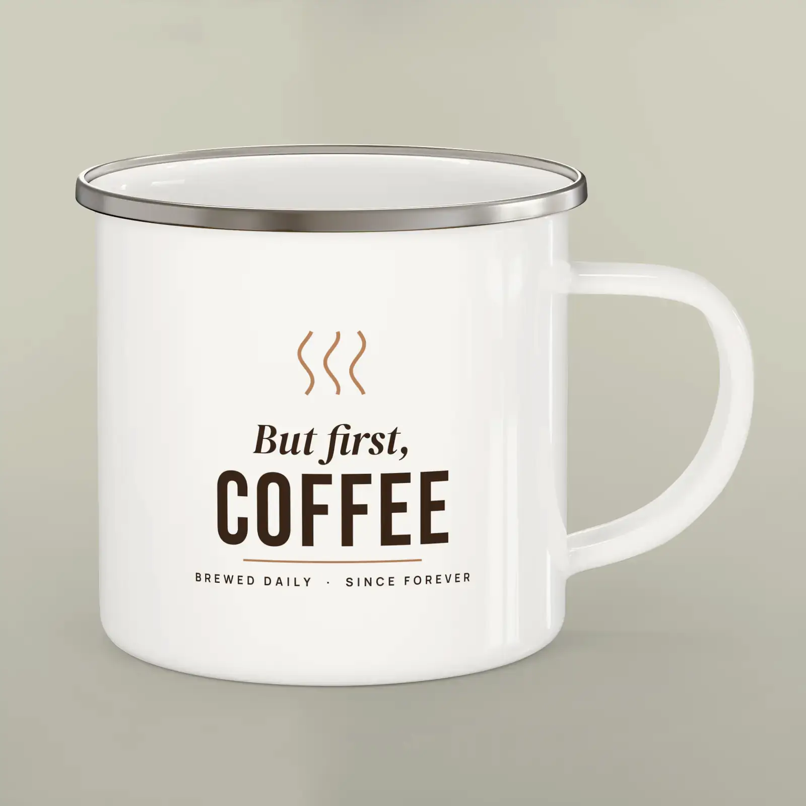 "But first, coffee", an example design by Vessim, printed on a enamel camping mug