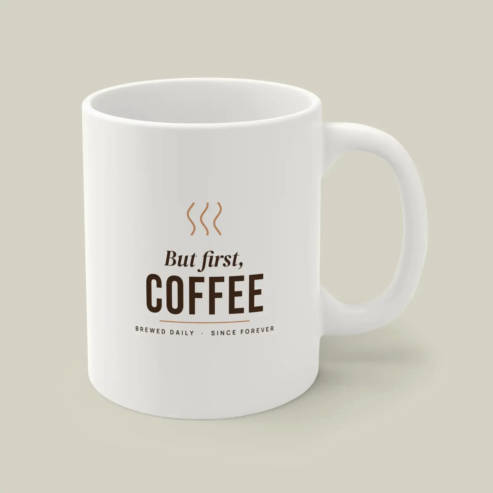 "But first, coffee", an example design by Vessim, printed on a mug