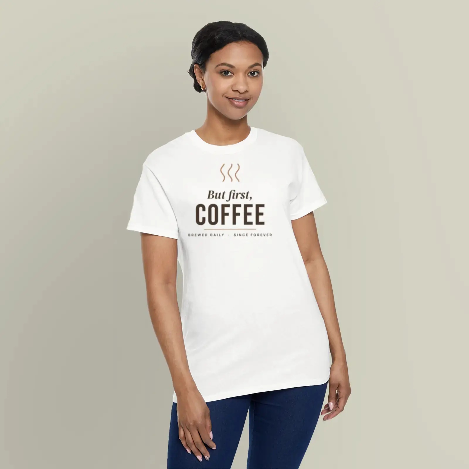 "But first, coffee", an example design by Vessim, printed on a t-shirt