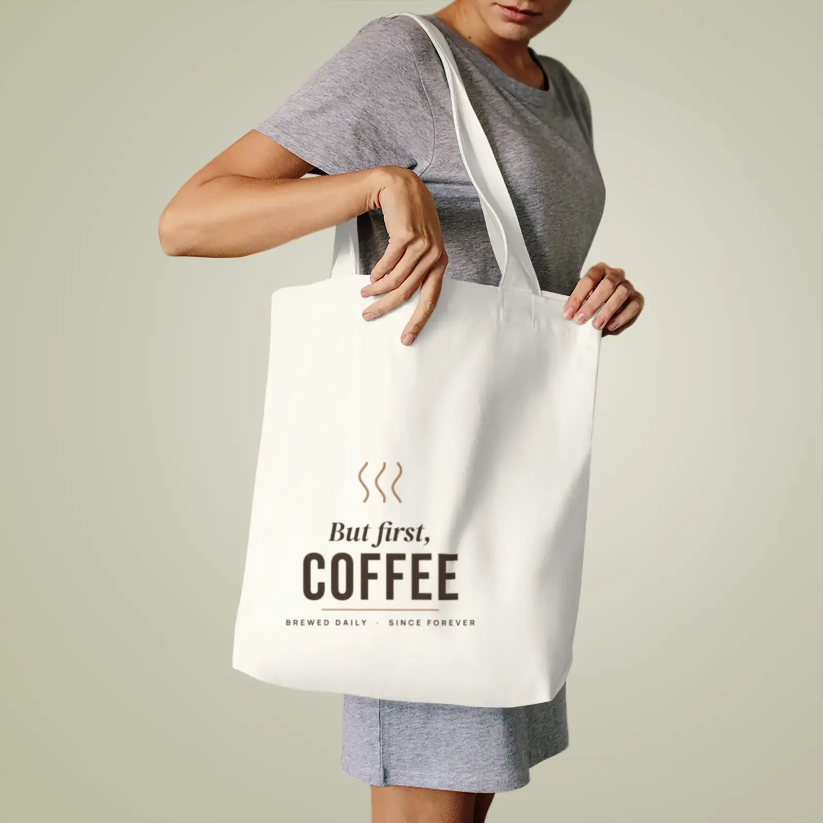 "But first, coffee", an example design by Vessim, printed on a tote bag