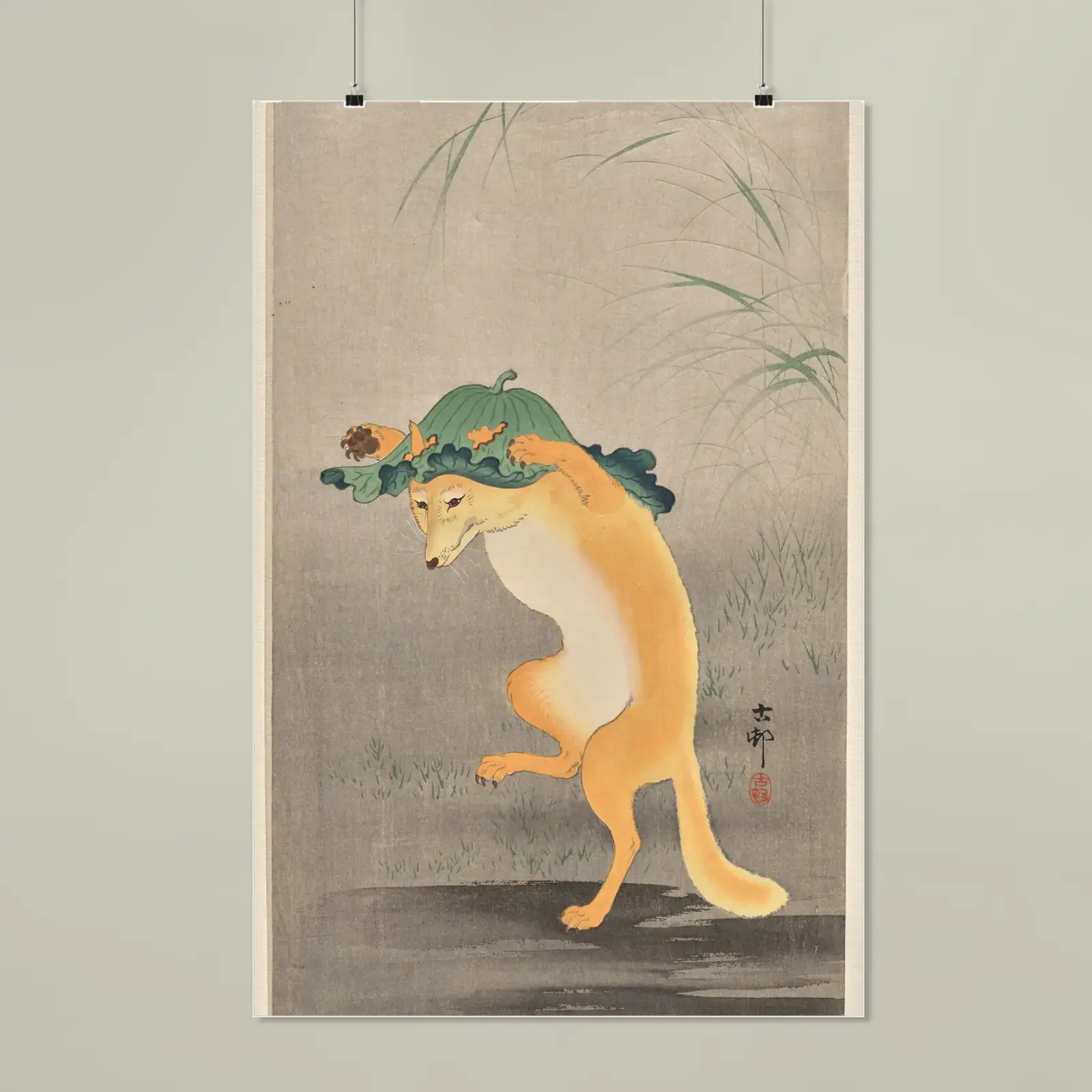 Dancing Fox by Ohara Koson, printed on a matte poster