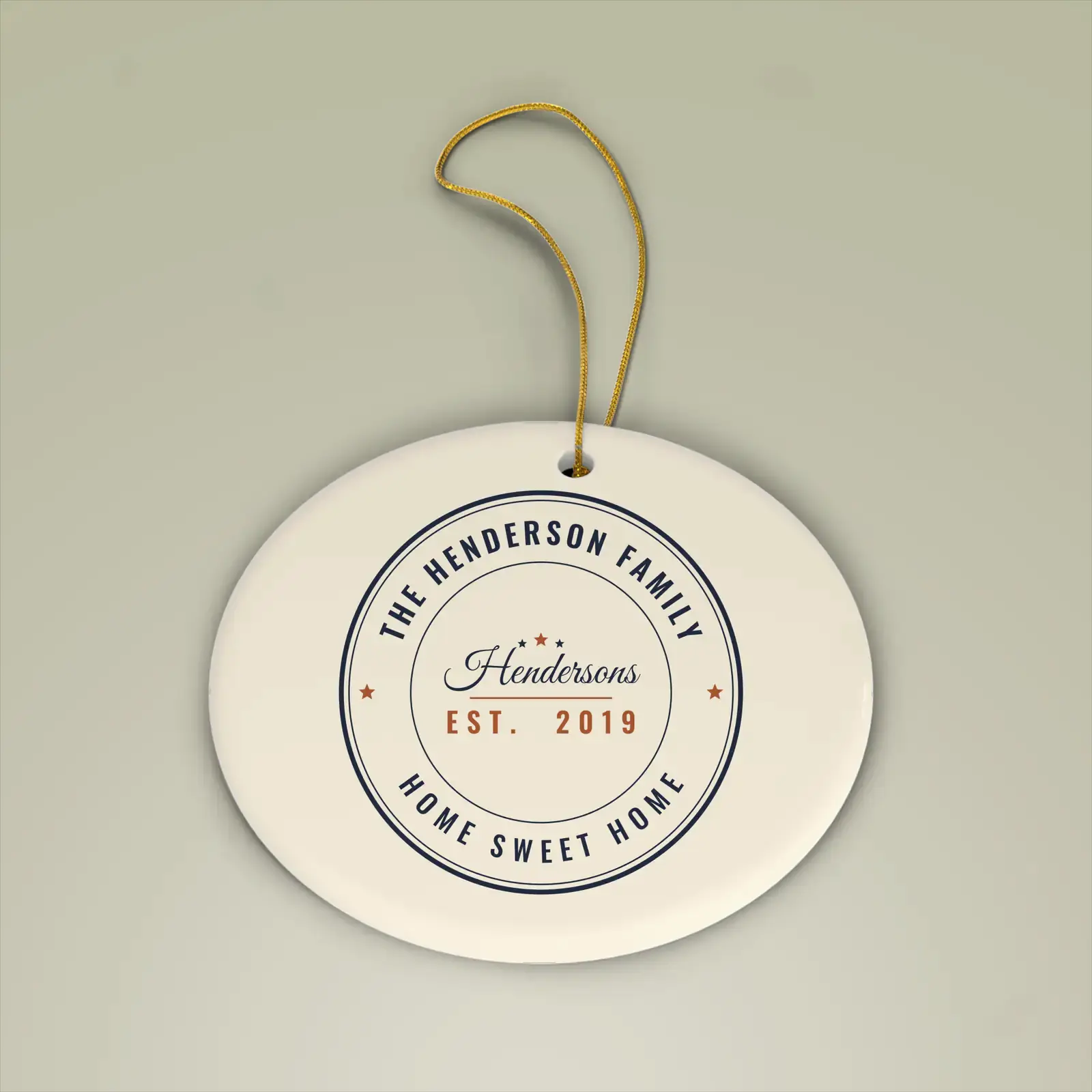 "The Hendersons, Est. 2019", an example design by Vessim, printed on a ceramic ornament