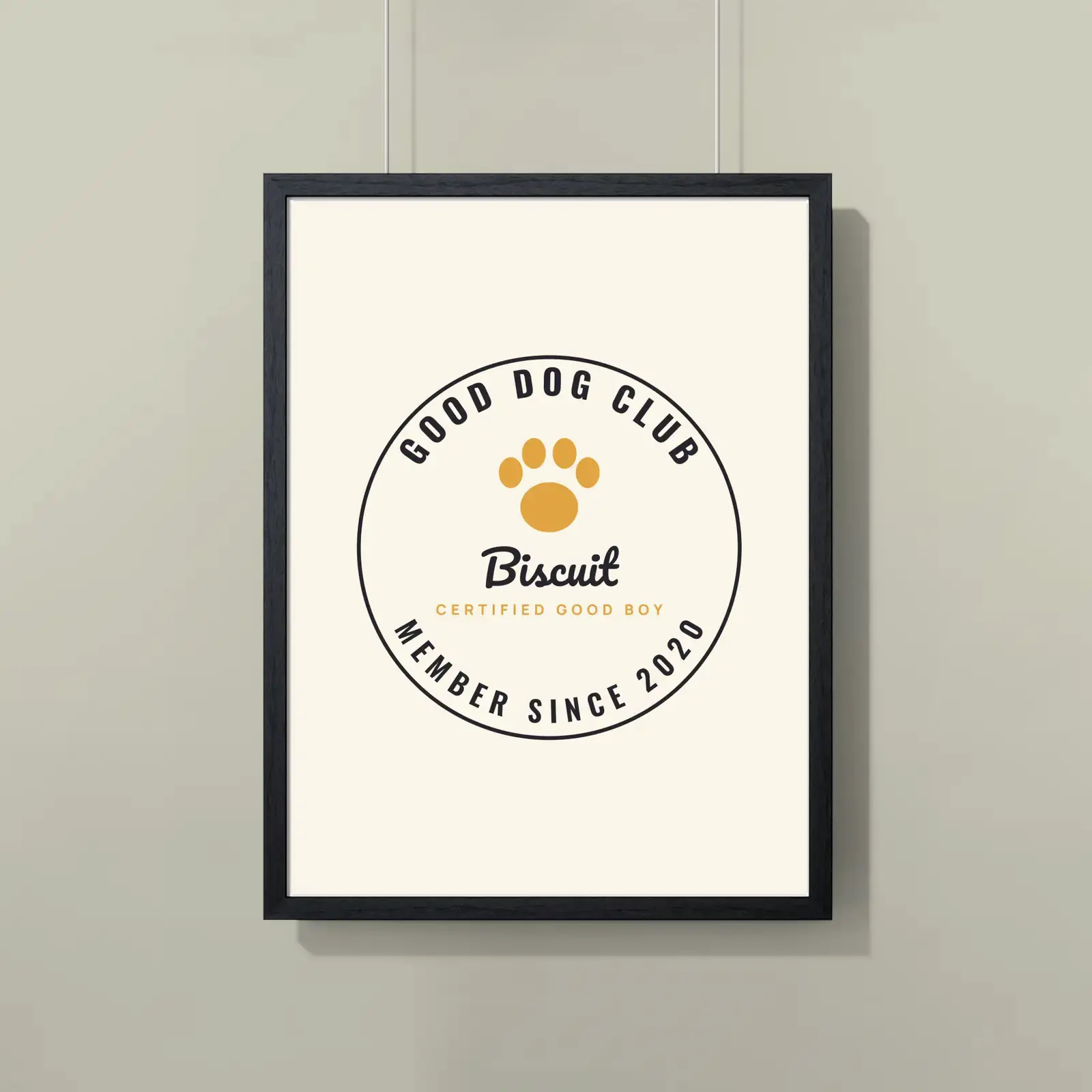 "Good Dog Club: Biscuit", an example design by Vessim, printed on a framed poster
