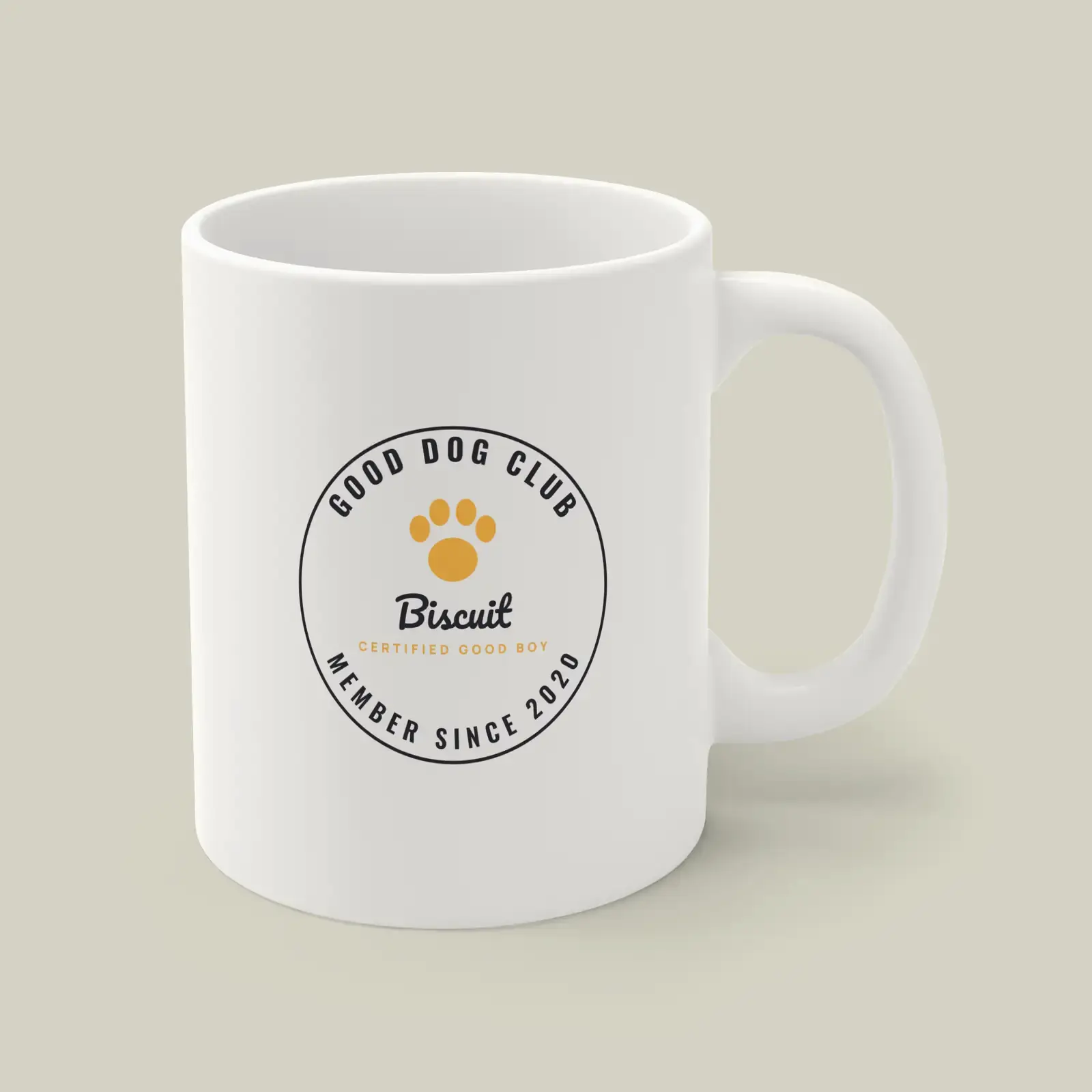 "Good Dog Club: Biscuit", an example design by Vessim, printed on a mug