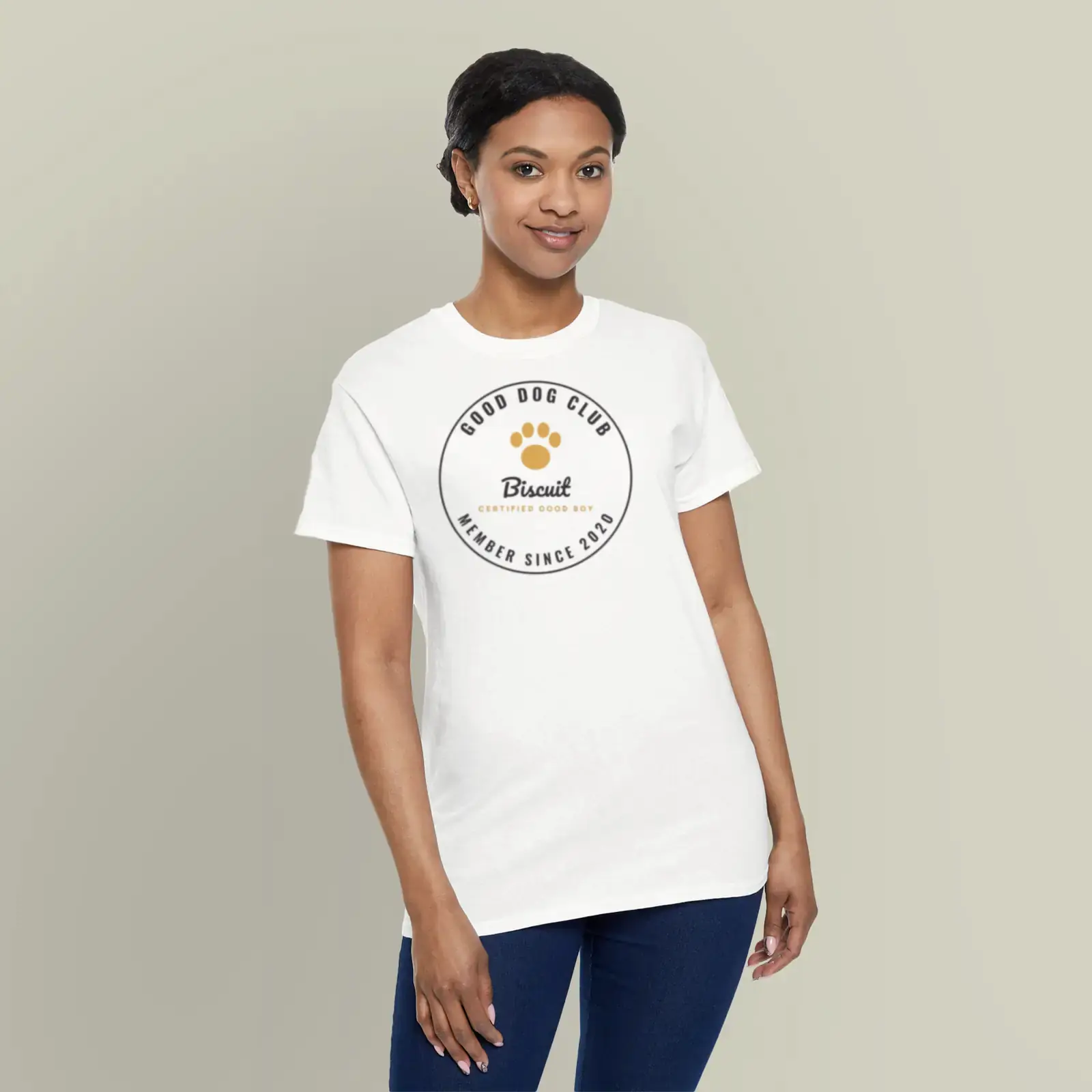 "Good Dog Club: Biscuit", an example design by Vessim, printed on a t-shirt