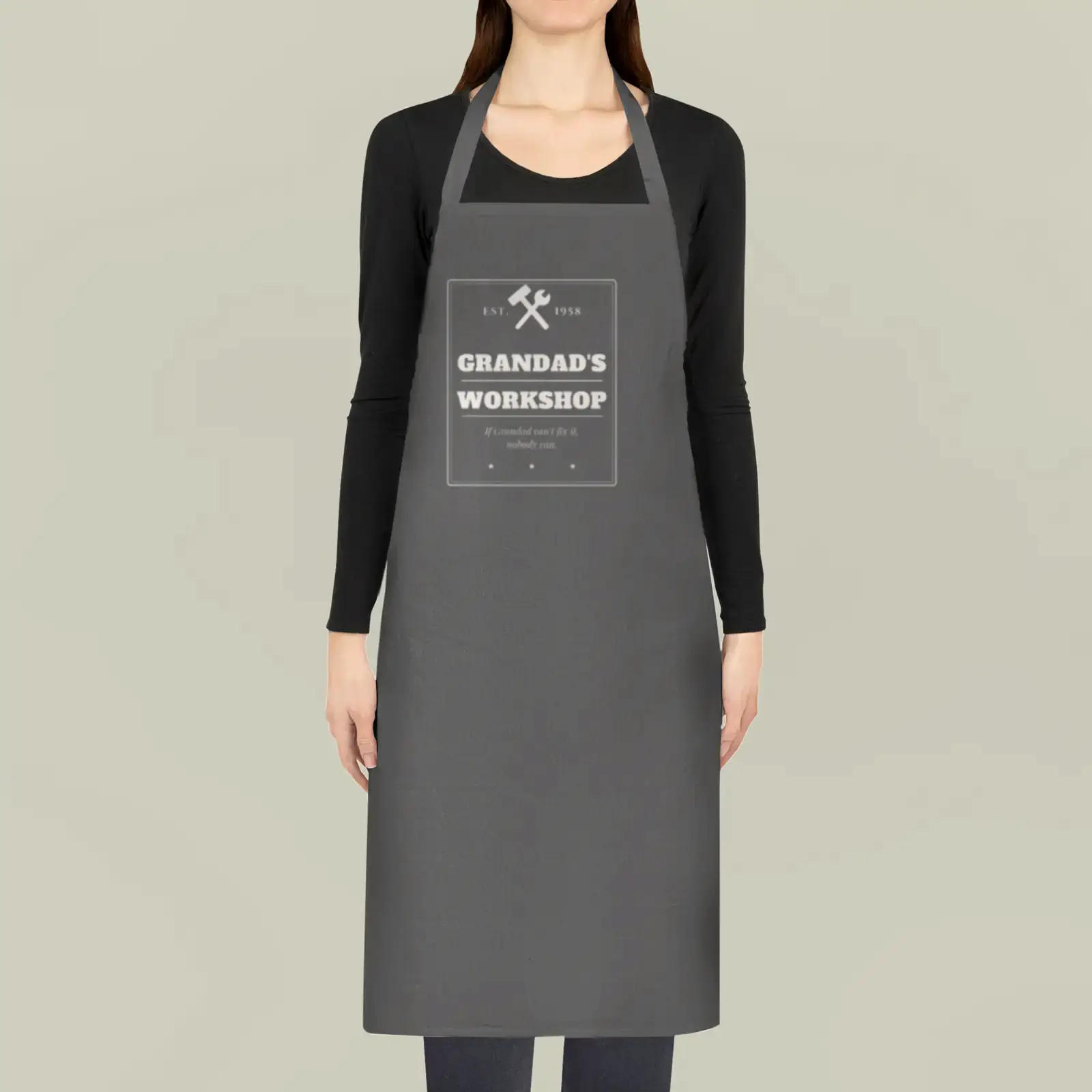 "Grandad's Workshop", an example design by Vessim, printed on a cotton apron