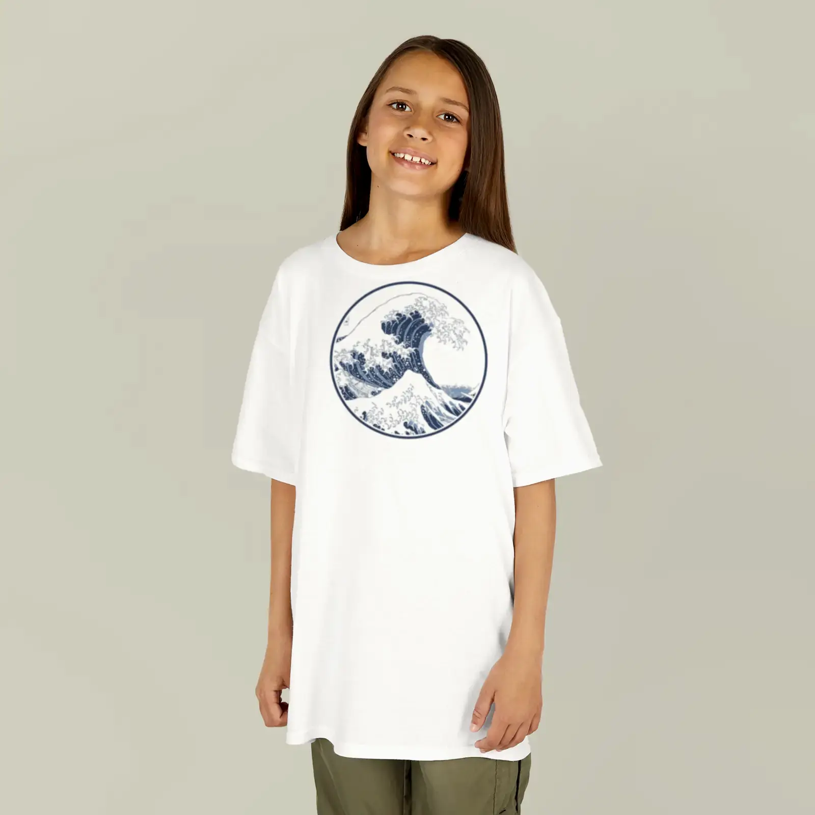 The Great Wave off Kanagawa by Katsushika Hokusai, adapted as a two-ink print on a kids' t-shirt