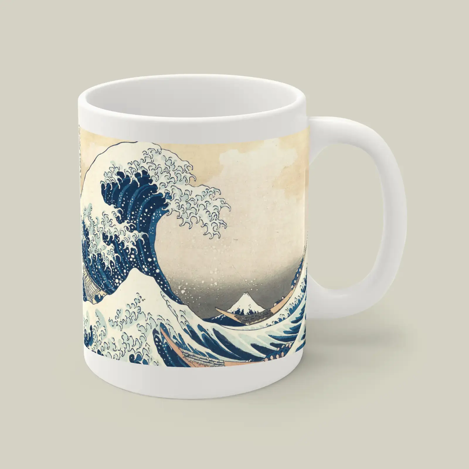 Mug shown with The Great Wave off Kanagawa by Katsushika Hokusai, a public-domain example