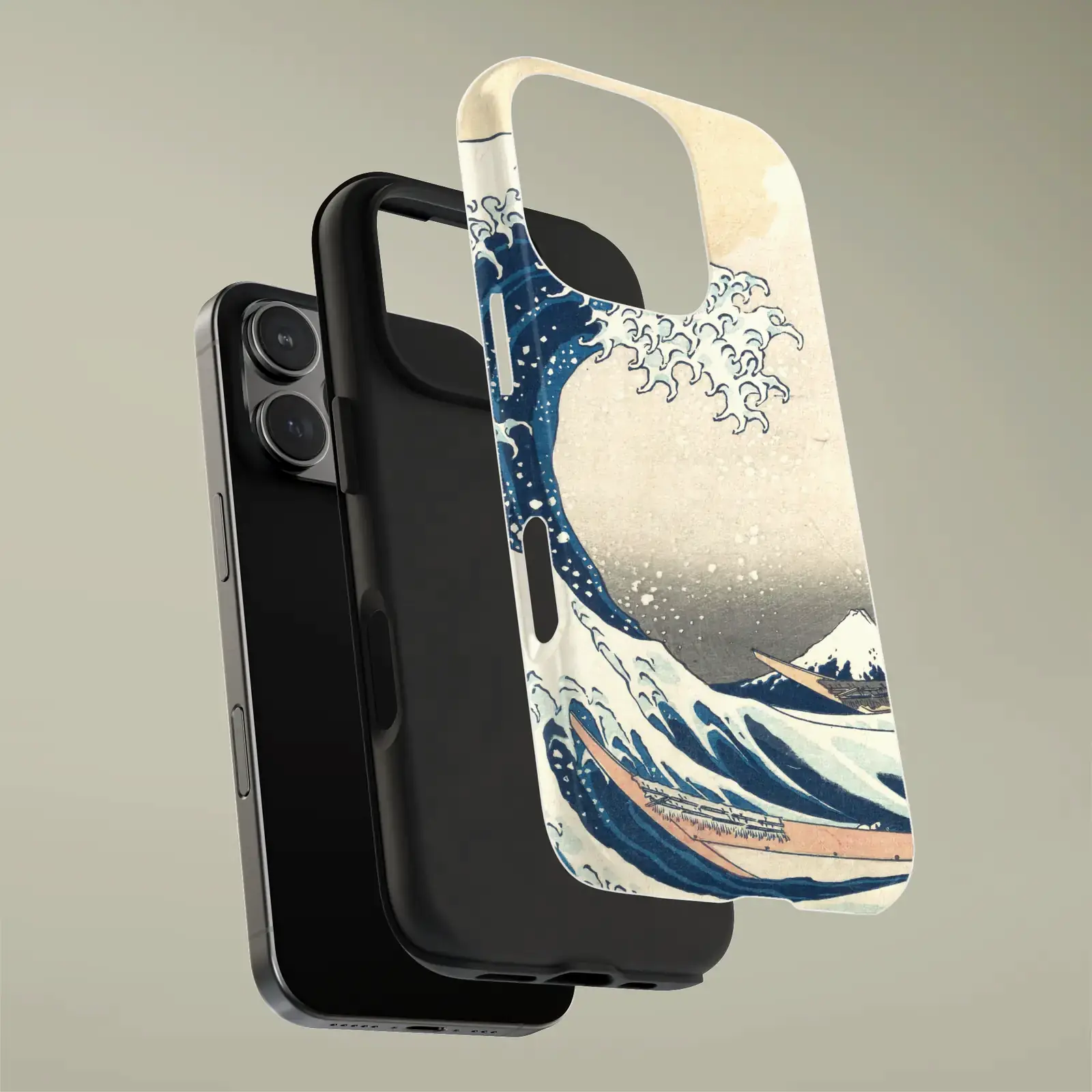Phone case shown with The Great Wave off Kanagawa by Katsushika Hokusai, a public-domain example