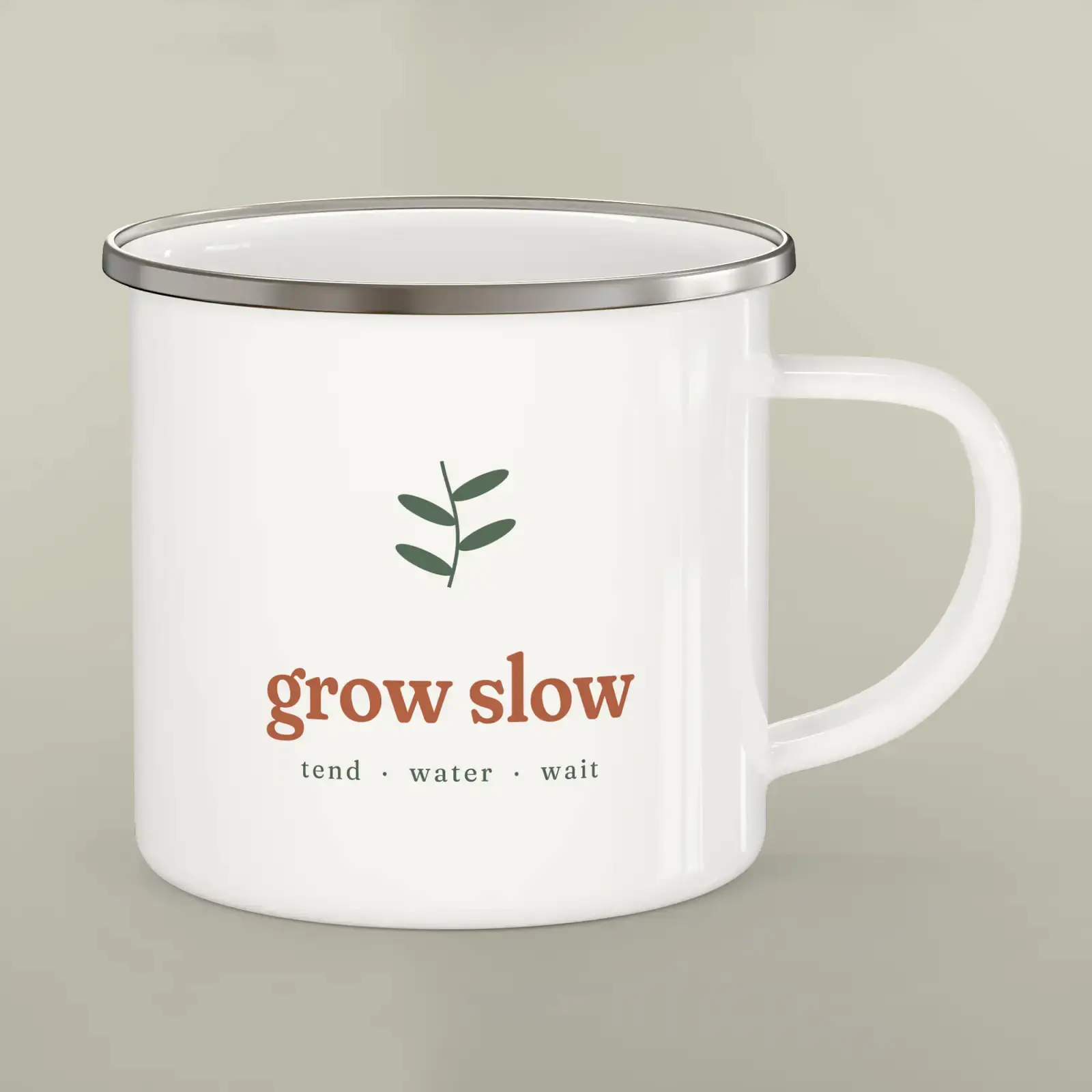 "Grow slow", an example design by Vessim, printed on a enamel camping mug