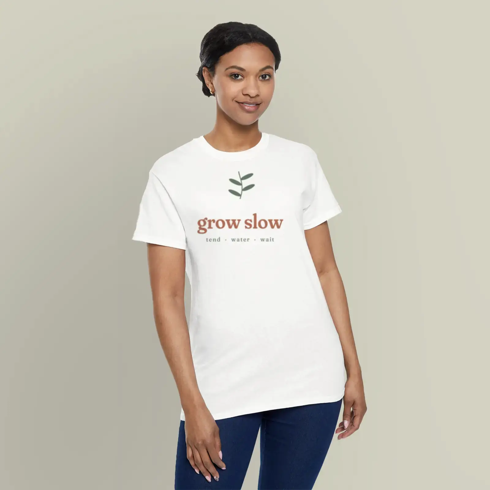 "Grow slow", an example design by Vessim, printed on a t-shirt