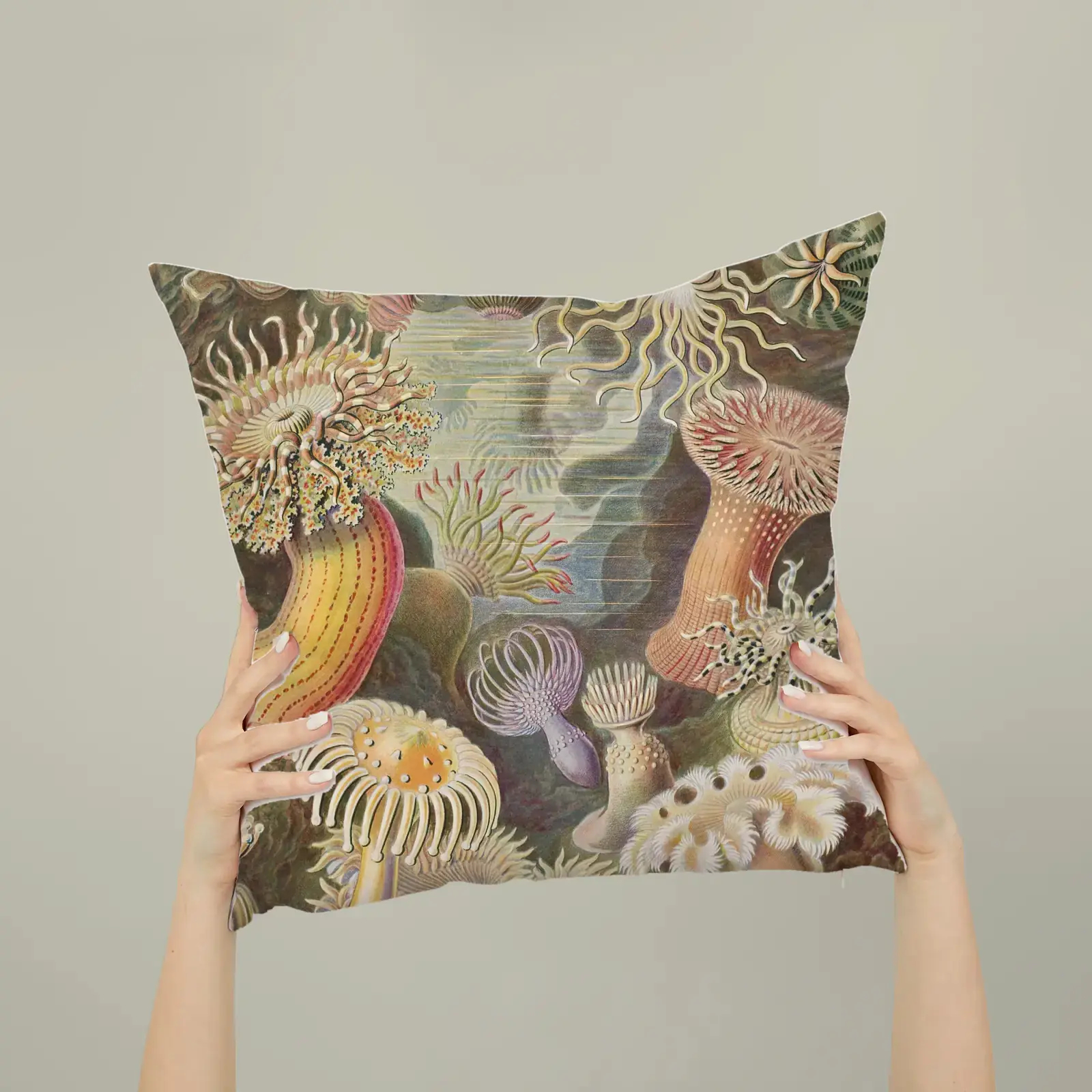 Actiniae (Sea Anemones), from Art Forms in Nature by Ernst Haeckel, printed on a square pillow