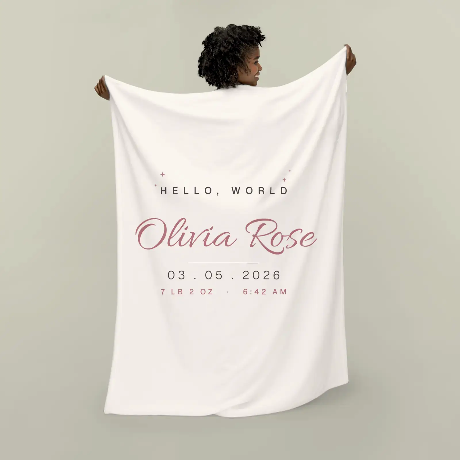 "Hello, Olivia Rose", an example design by Vessim, printed on a plush blanket