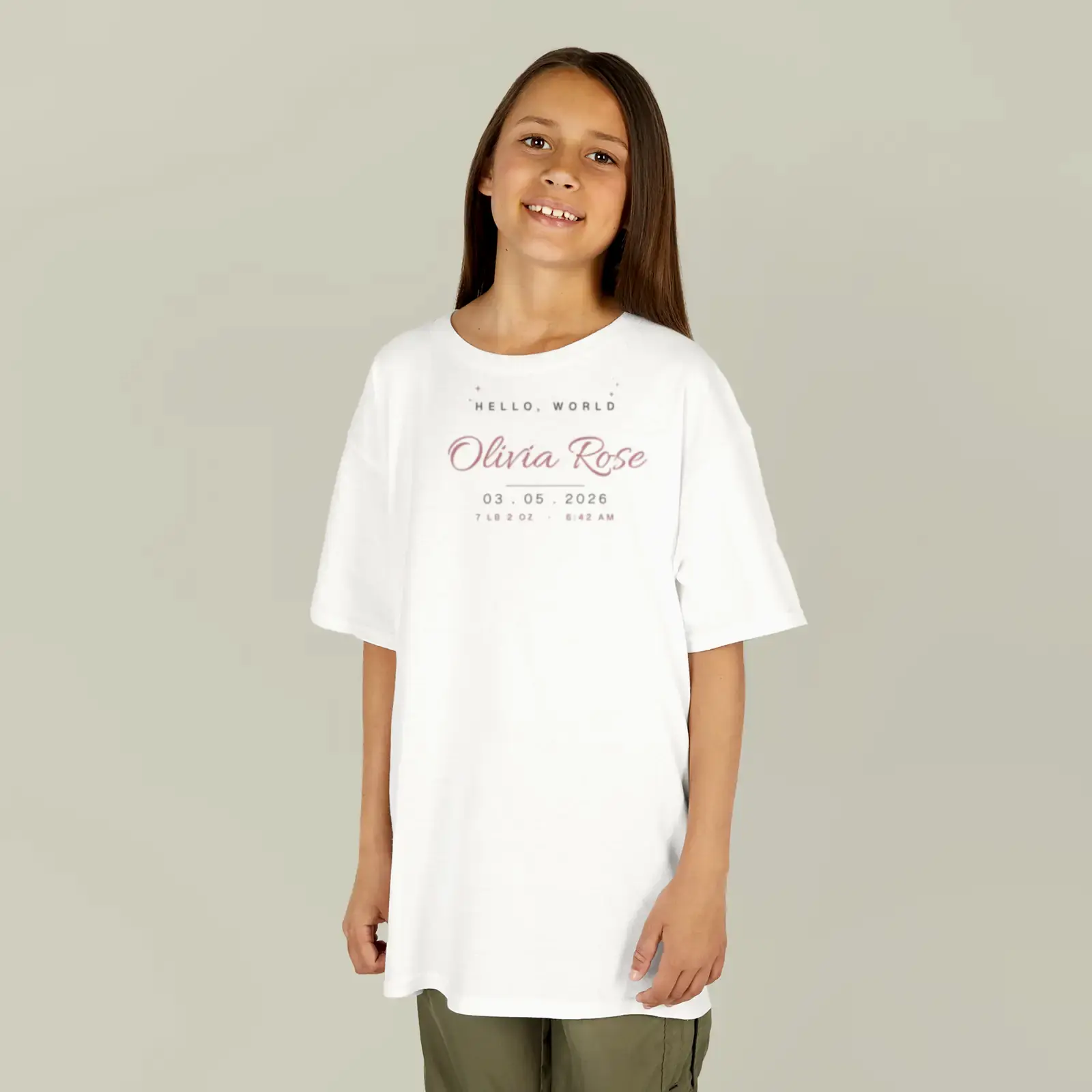 "Hello, Olivia Rose", an example design by Vessim, printed on a kids' t-shirt