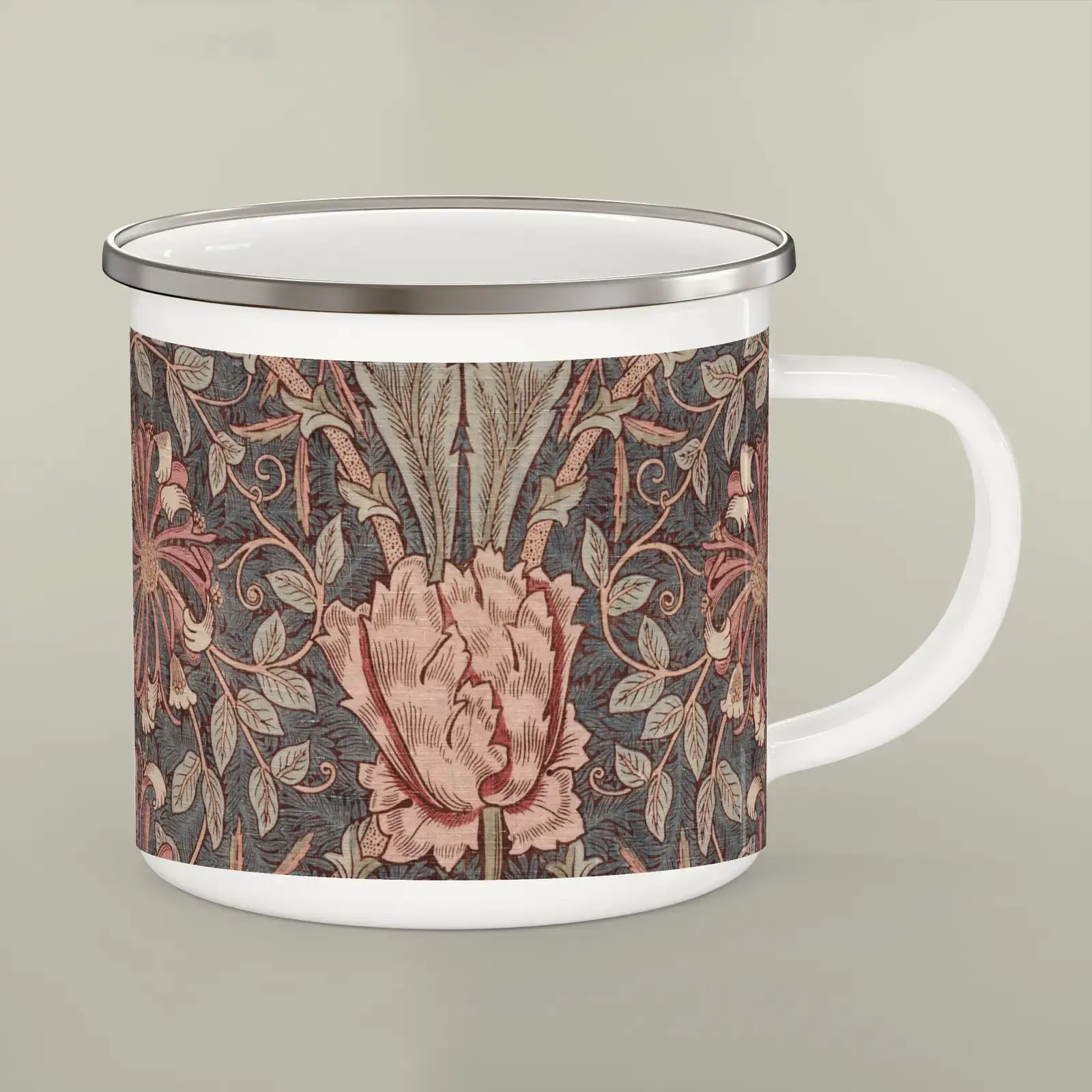Honeysuckle by William Morris, printed on a enamel camping mug