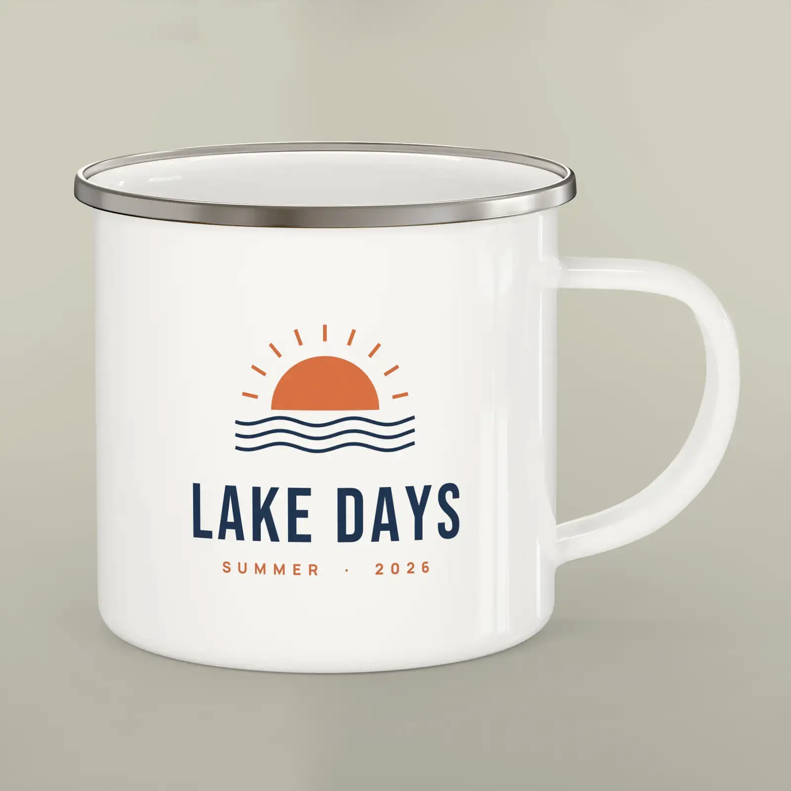 "Lake Days", an example design by Vessim, printed on a enamel camping mug