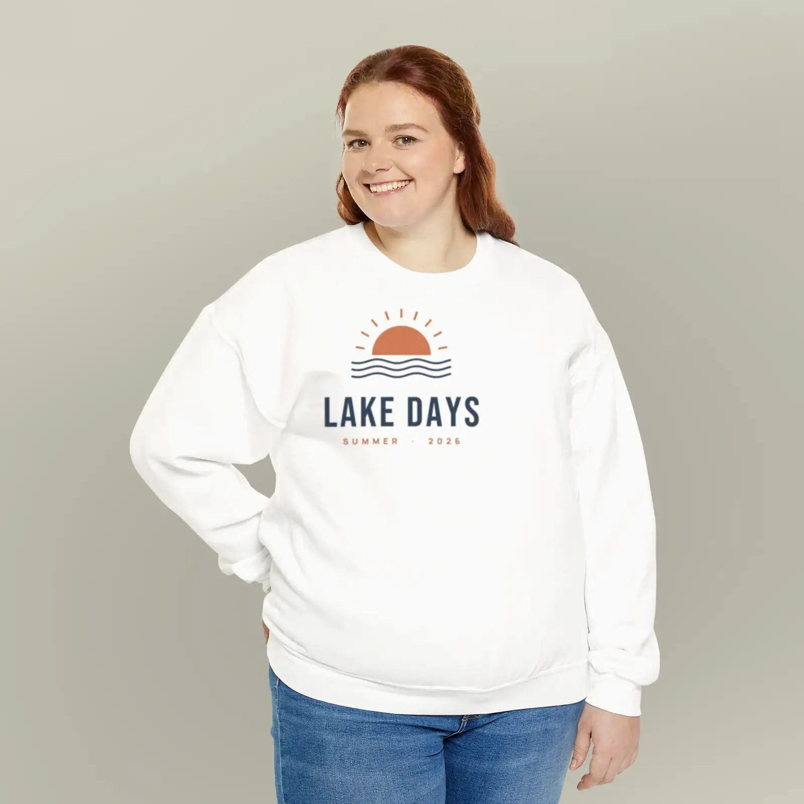 "Lake Days", an example design by Vessim, printed on a crewneck sweatshirt