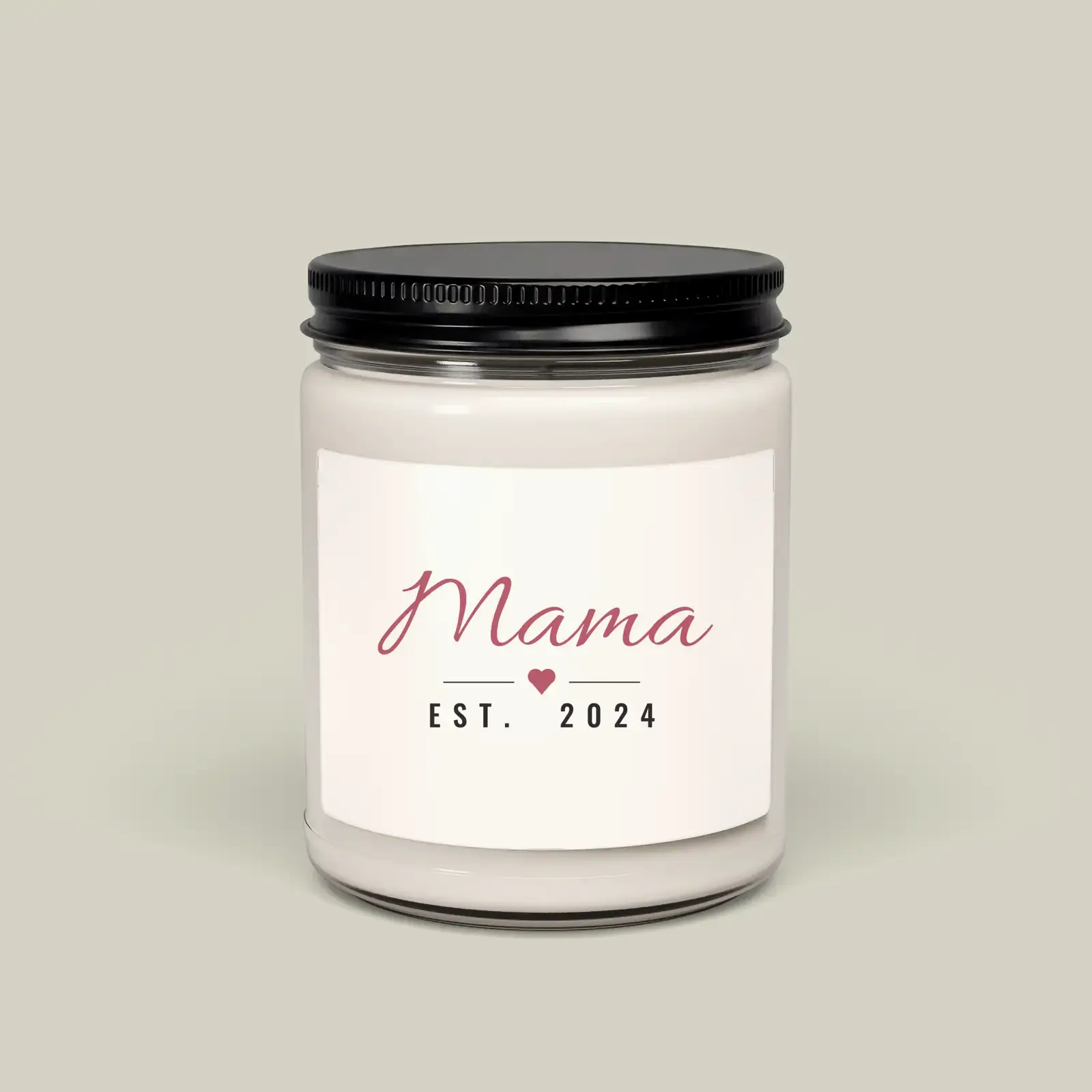 "Mama, Est. 2024", an example design by Vessim, printed on a soy candle