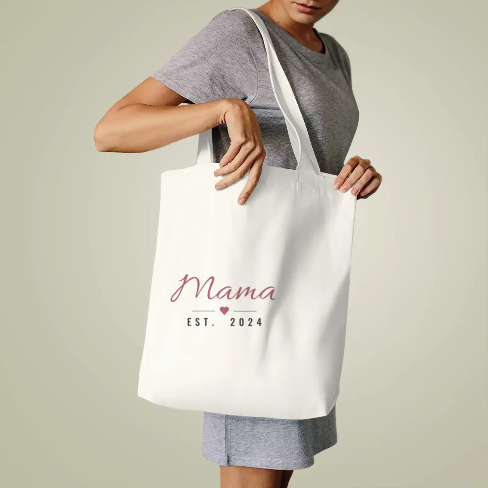 "Mama, Est. 2024", an example design by Vessim, printed on a tote bag
