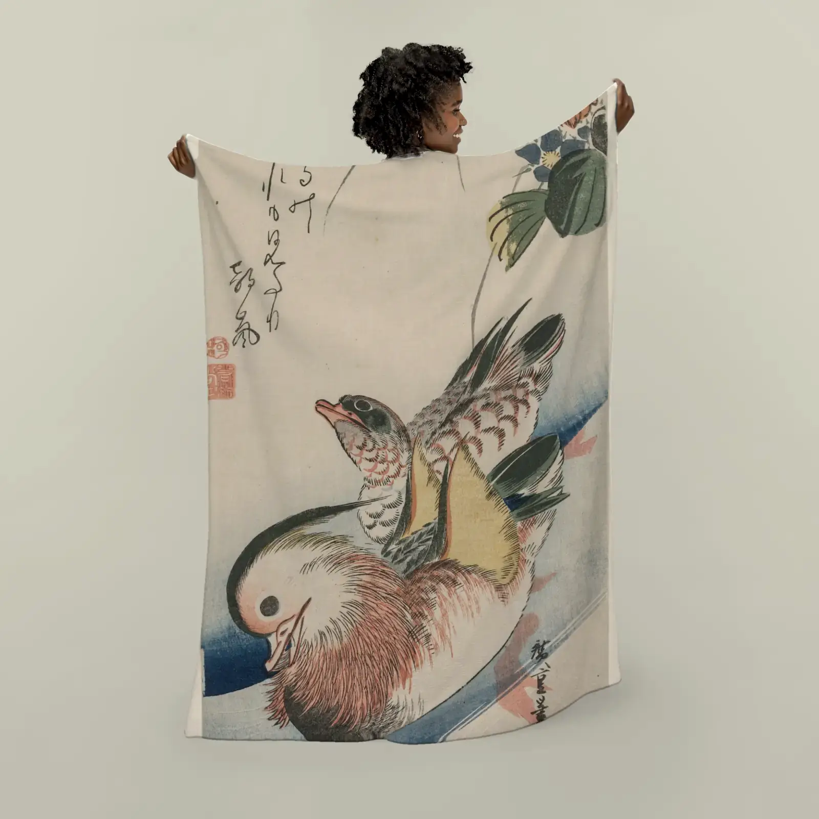 Mandarin Ducks and Flowering Plants by Utagawa Hiroshige, printed on a plush blanket