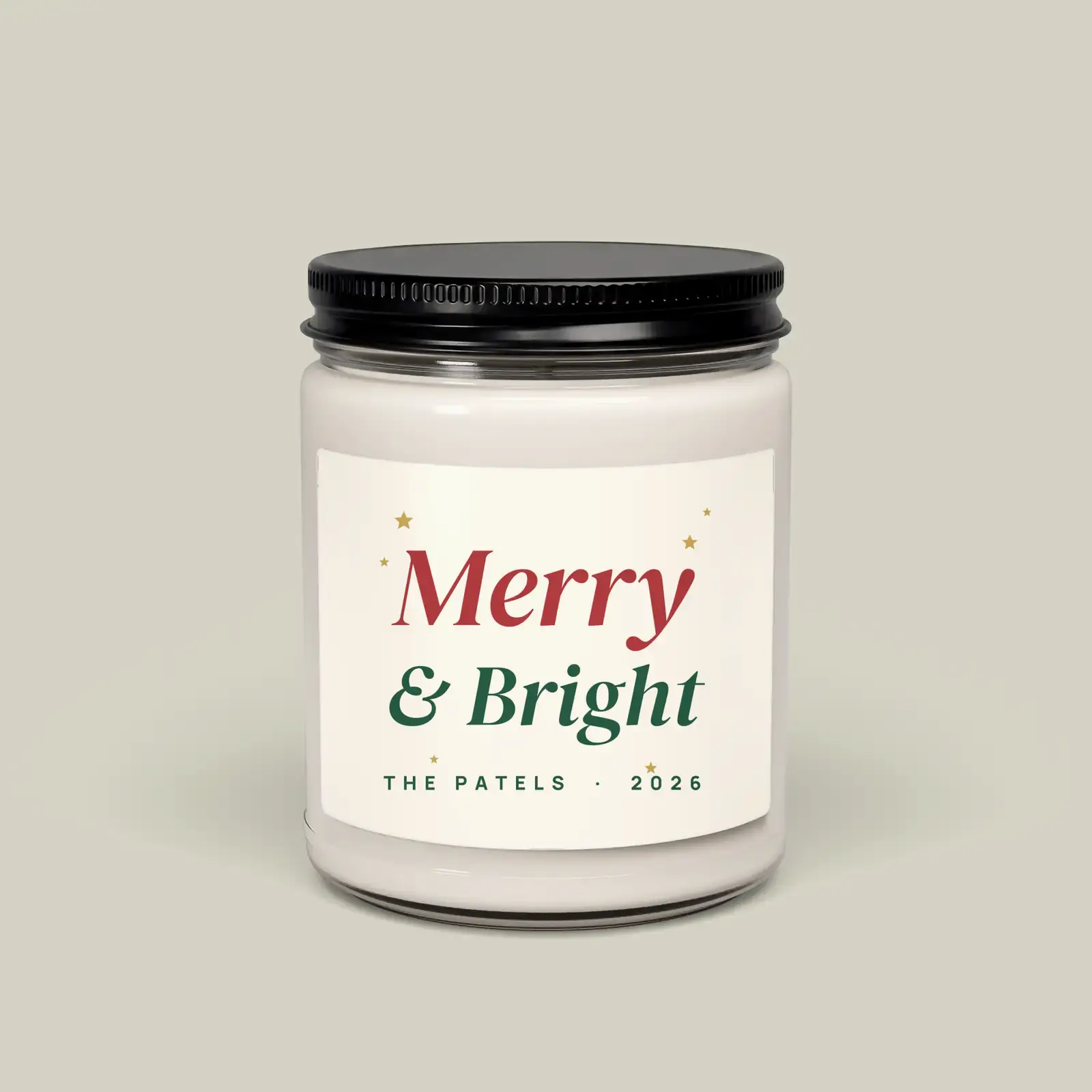 "Merry & Bright", an example design by Vessim, printed on a soy candle