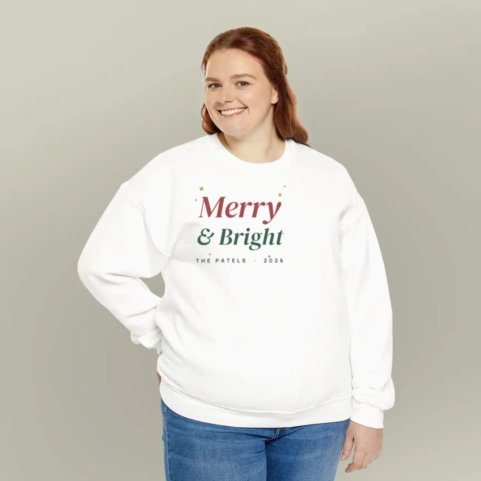 "Merry & Bright", an example design by Vessim, printed on a crewneck sweatshirt