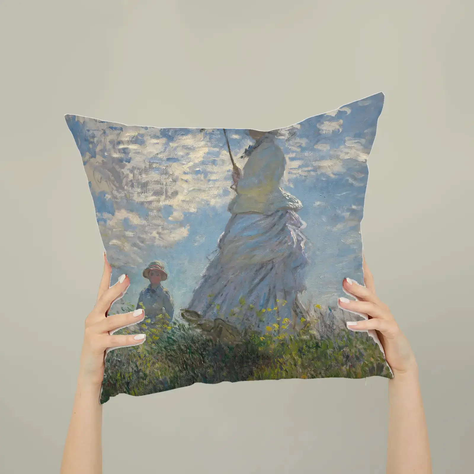 Woman with a Parasol by Claude Monet, printed on a square pillow