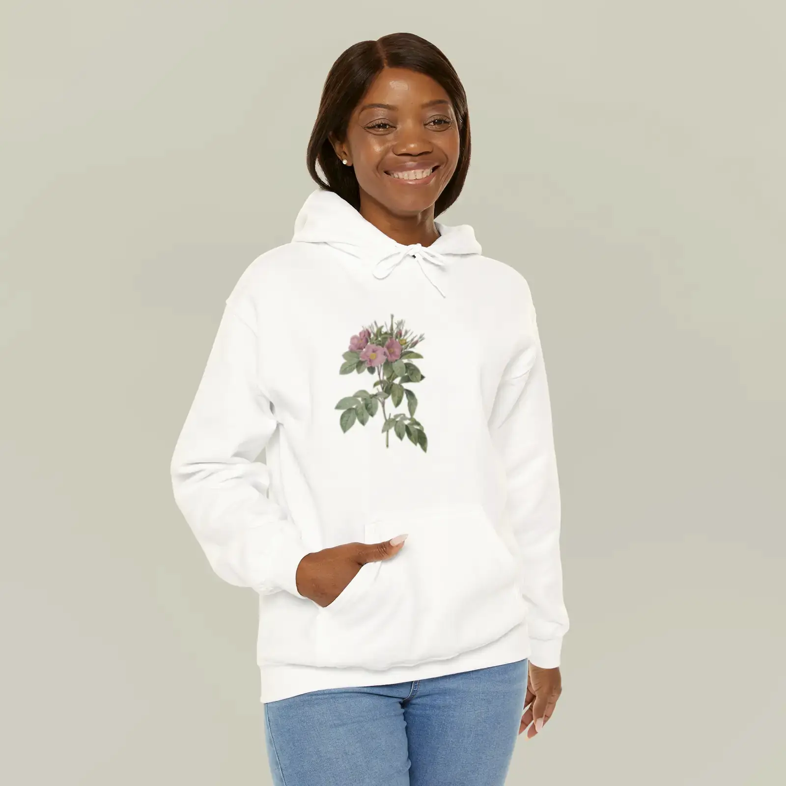A motif from Pasture Rose (Rosa carolina corymbosa) by Pierre-Joseph Redouté, printed on a hoodie
