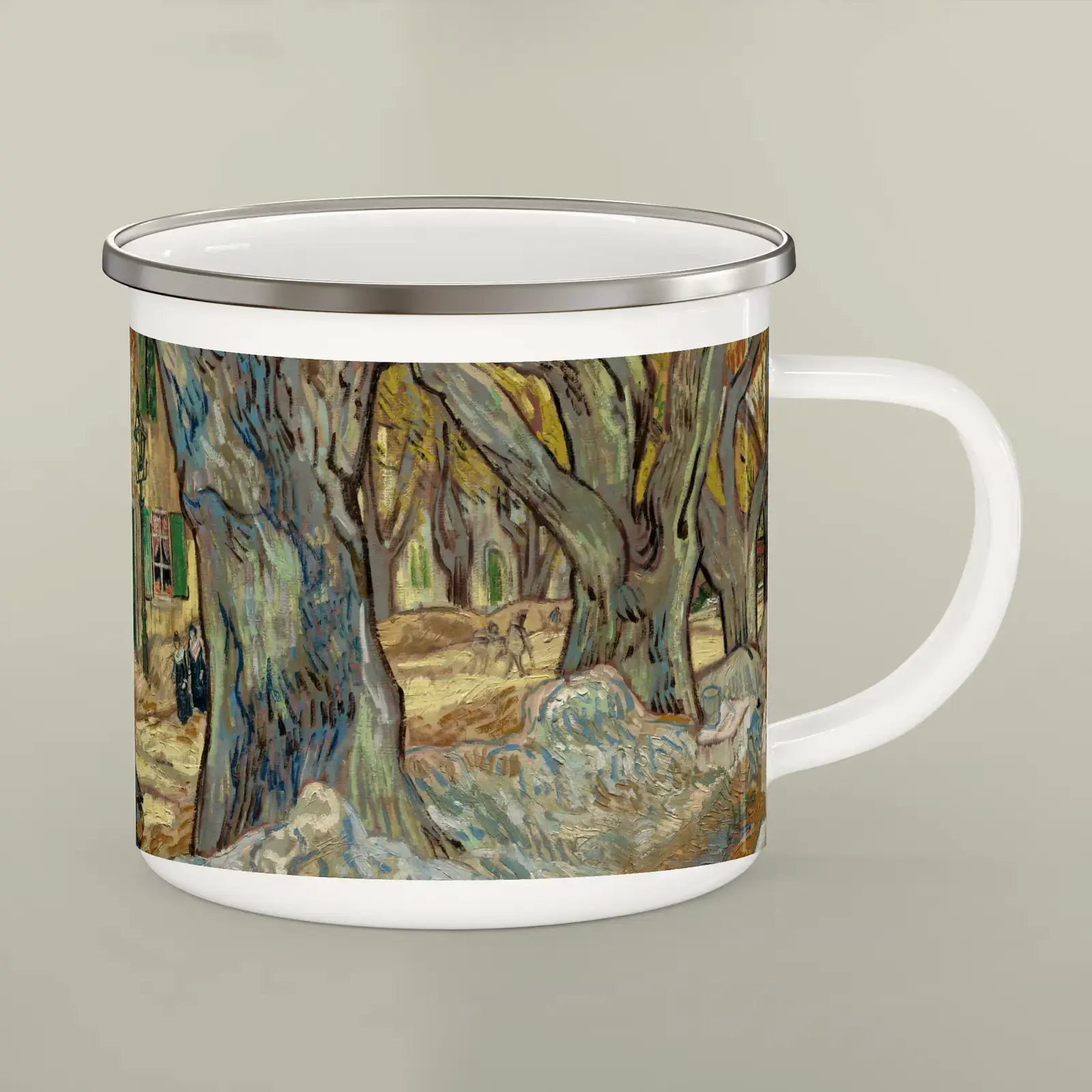 The Large Plane Trees (Road Menders at Saint-Rémy) by Vincent van Gogh, printed on a enamel camping mug