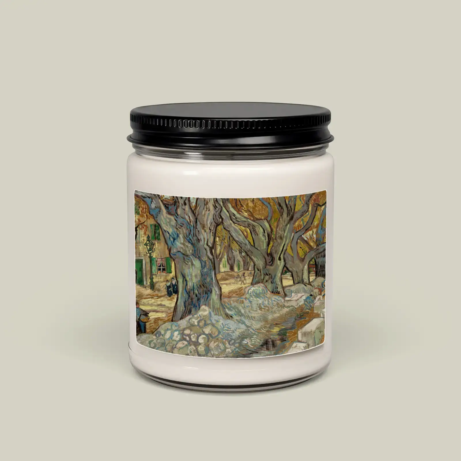 The Large Plane Trees (Road Menders at Saint-Rémy) by Vincent van Gogh, printed on a soy candle