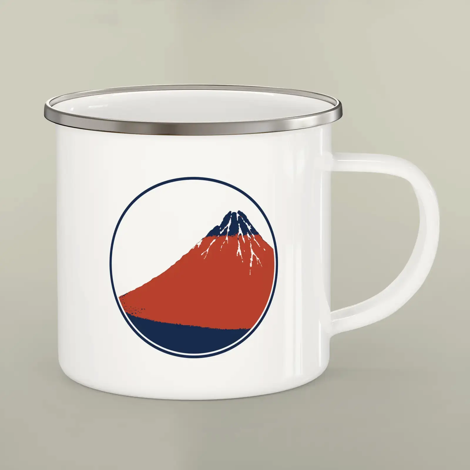 Enamel camping mug shown with Fine Wind, Clear Morning (Red Fuji) by Katsushika Hokusai, adapted from a public-domain example