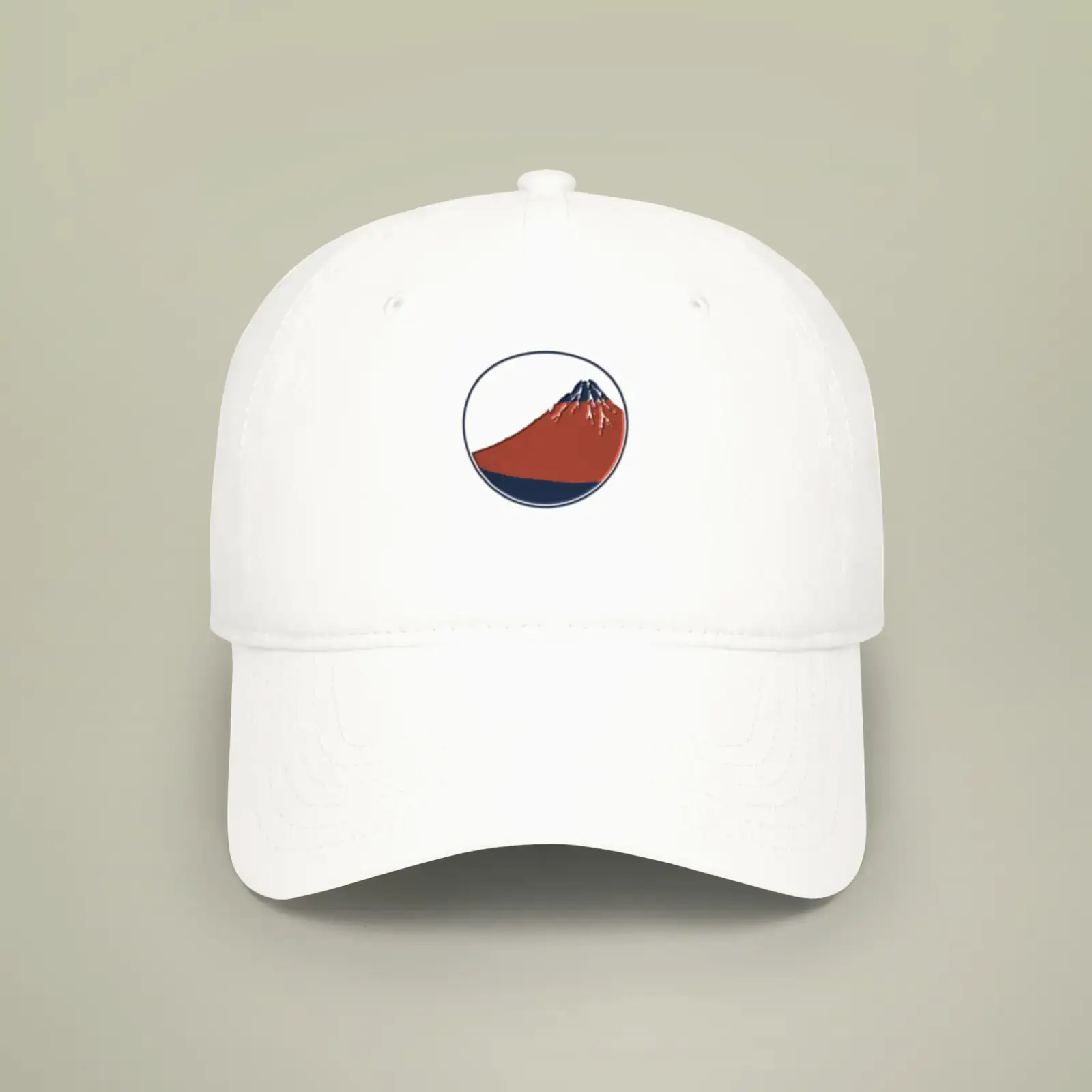 Baseball cap shown with Fine Wind, Clear Morning (Red Fuji) by Katsushika Hokusai, adapted from a public-domain example
