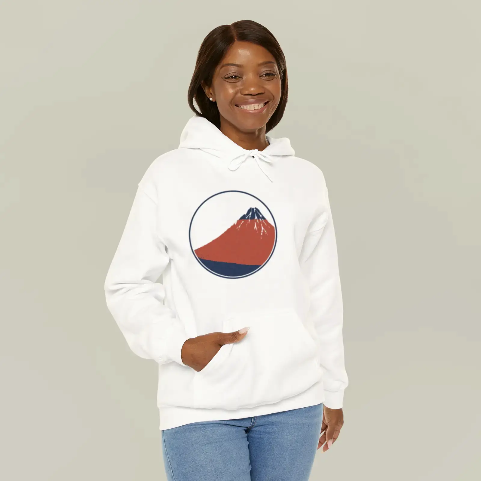 Hoodie shown with Fine Wind, Clear Morning (Red Fuji) by Katsushika Hokusai, adapted from a public-domain example
