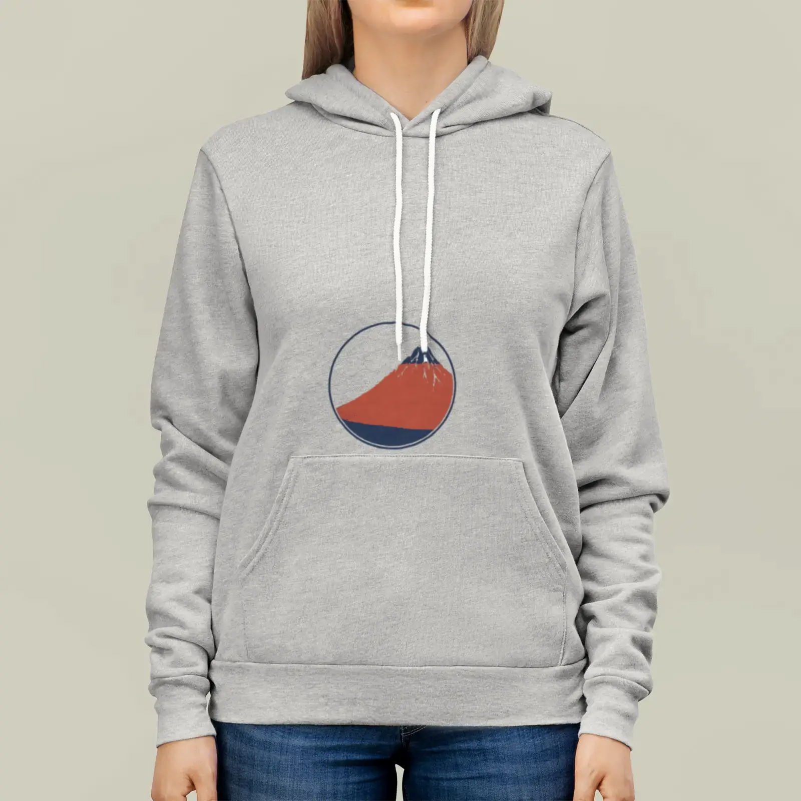Hoodie shown with Fine Wind, Clear Morning (Red Fuji) by Katsushika Hokusai, adapted from a public-domain example