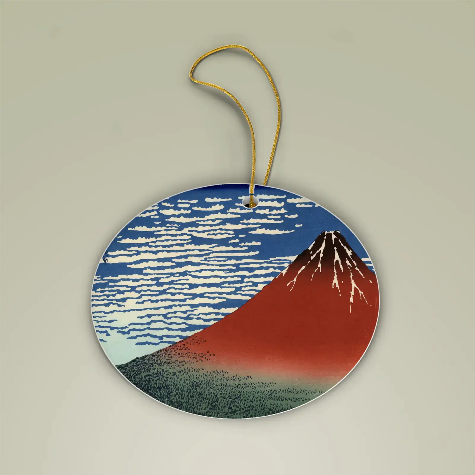 Ceramic ornament shown with Fine Wind, Clear Morning (Red Fuji) by Katsushika Hokusai, a public-domain example