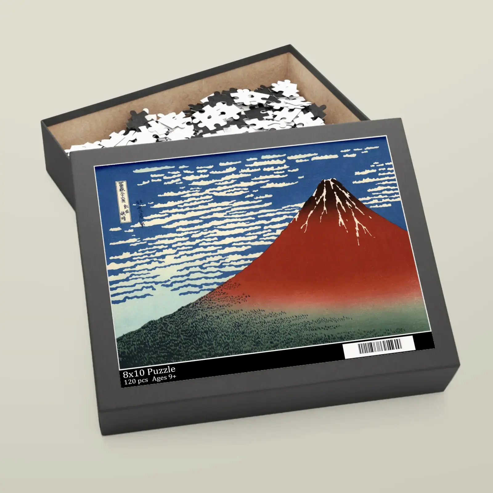 Jigsaw puzzle shown with Fine Wind, Clear Morning (Red Fuji) by Katsushika Hokusai, a public-domain example