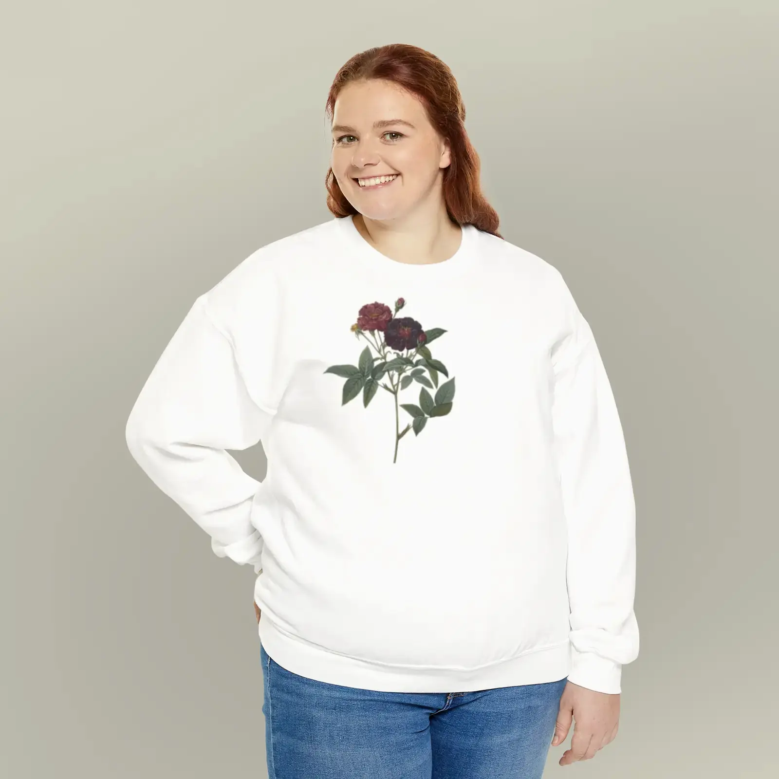 A motif from Rosa gallica purpurea velutina parva, from Les Roses by Pierre-Joseph Redouté, printed on a crewneck sweatshirt