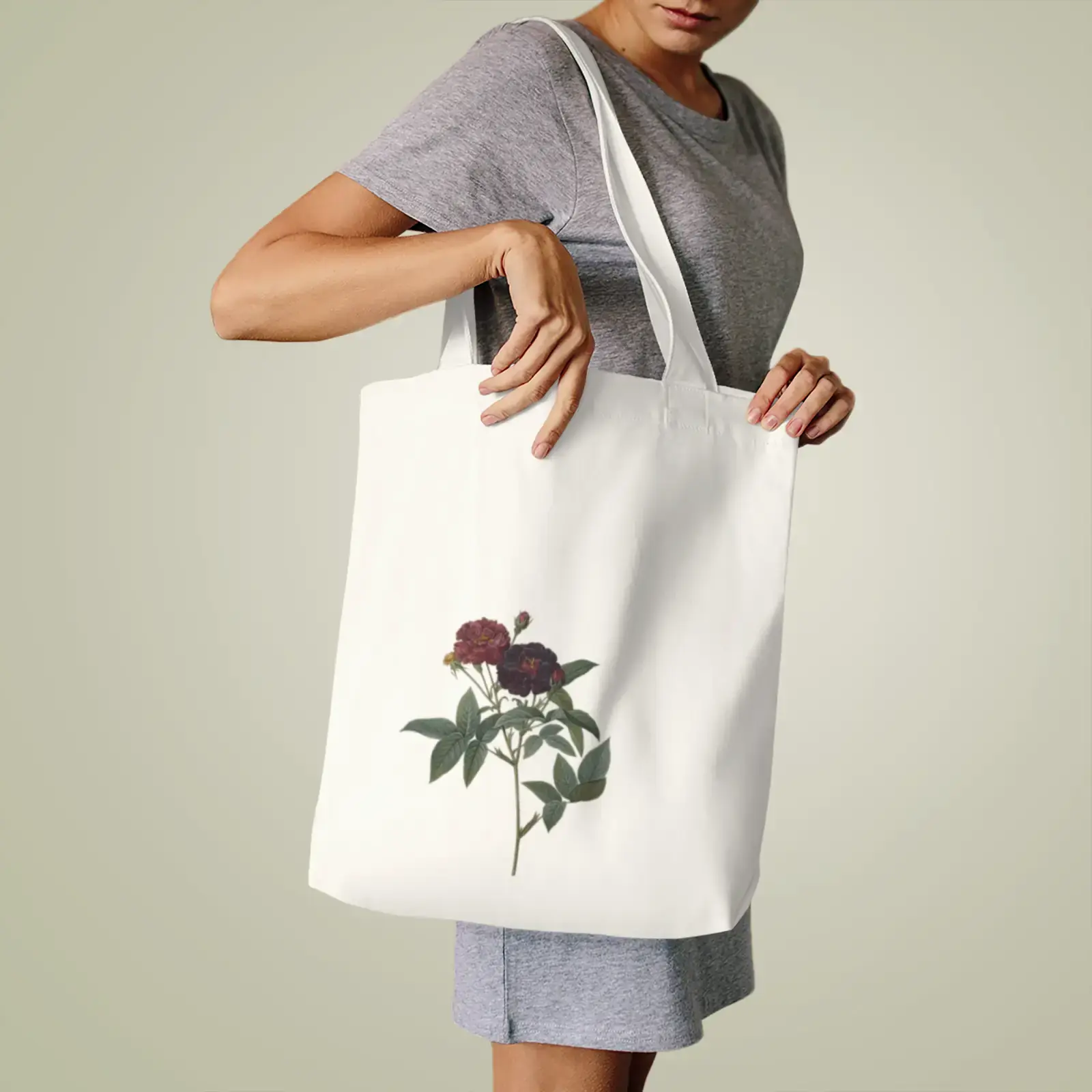 A motif from Rosa gallica purpurea velutina parva, from Les Roses by Pierre-Joseph Redouté, printed on a tote bag