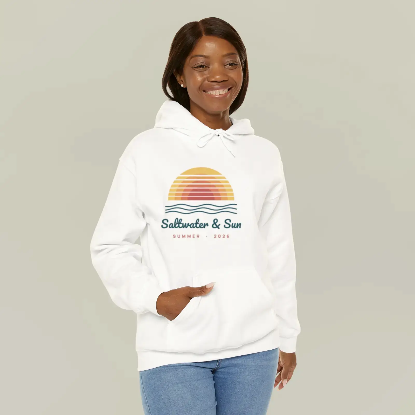"Saltwater & Sun", an example design by Vessim, printed on a hoodie
