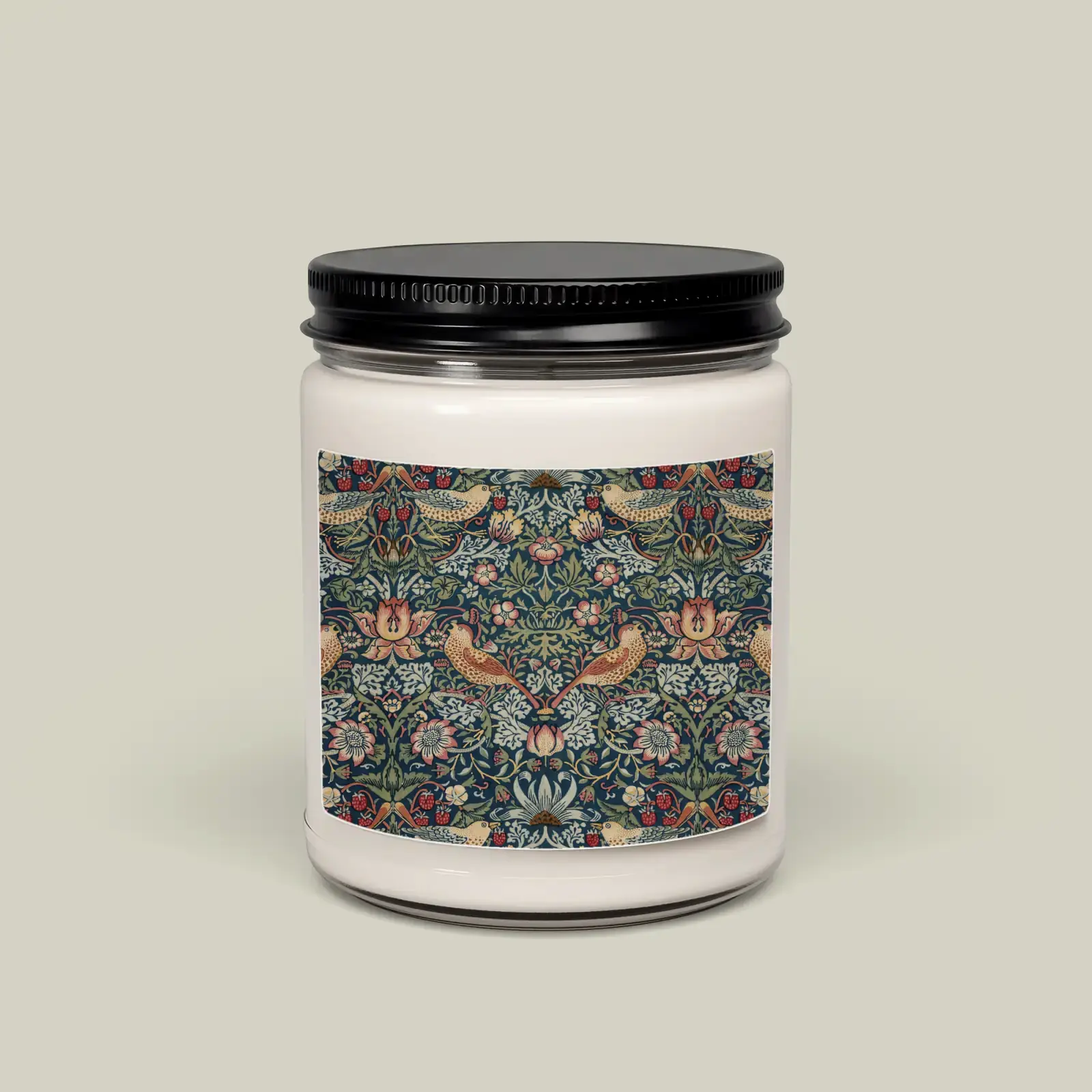 Strawberry Thief by William Morris, printed on a soy candle