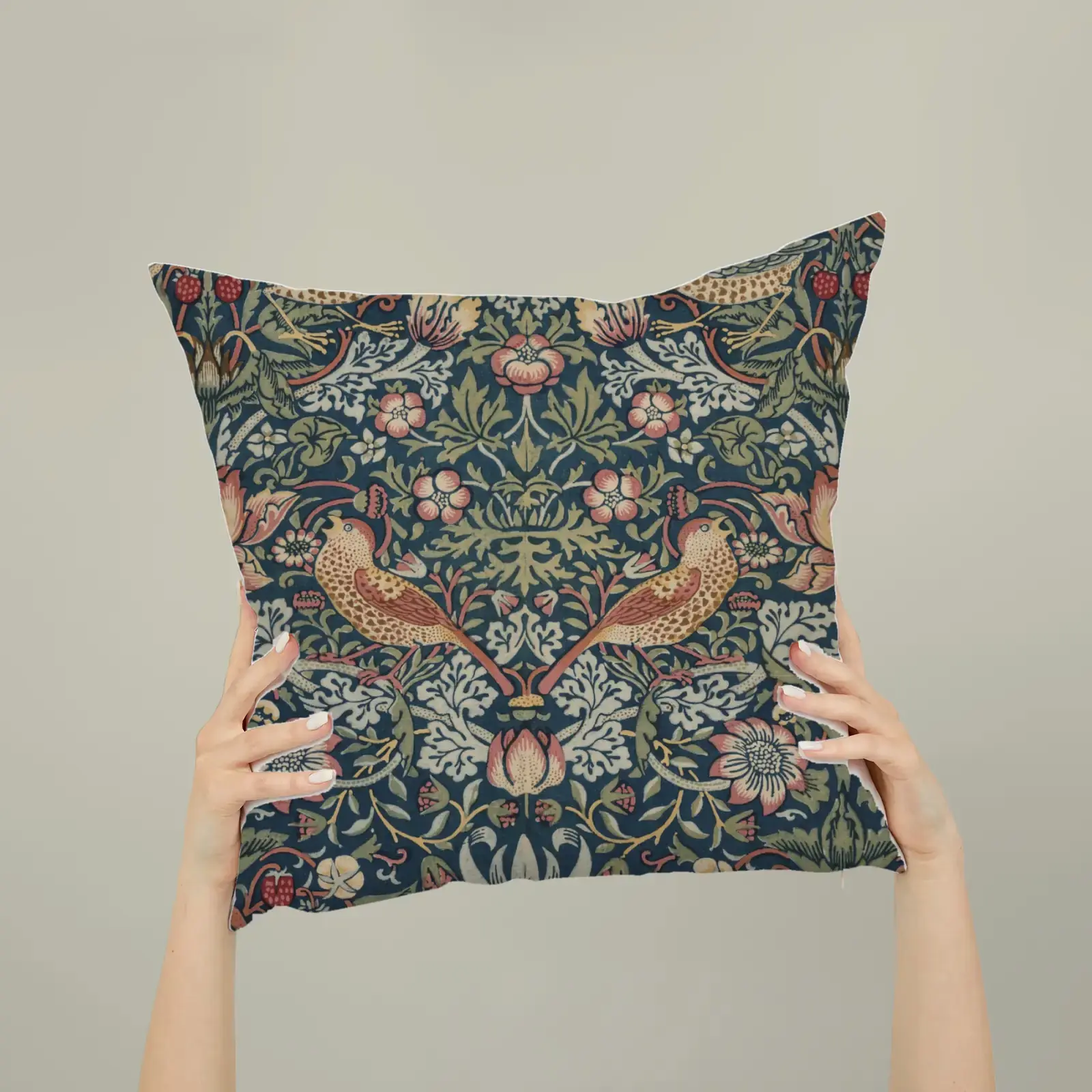 Strawberry Thief by William Morris, printed on a square pillow