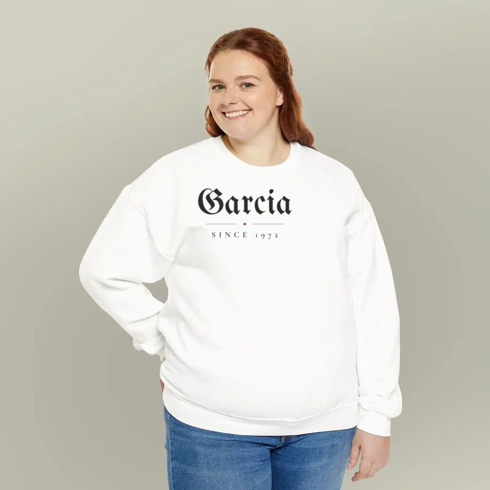 "Garcia, since 1972", an example design by Vessim, printed on a crewneck sweatshirt