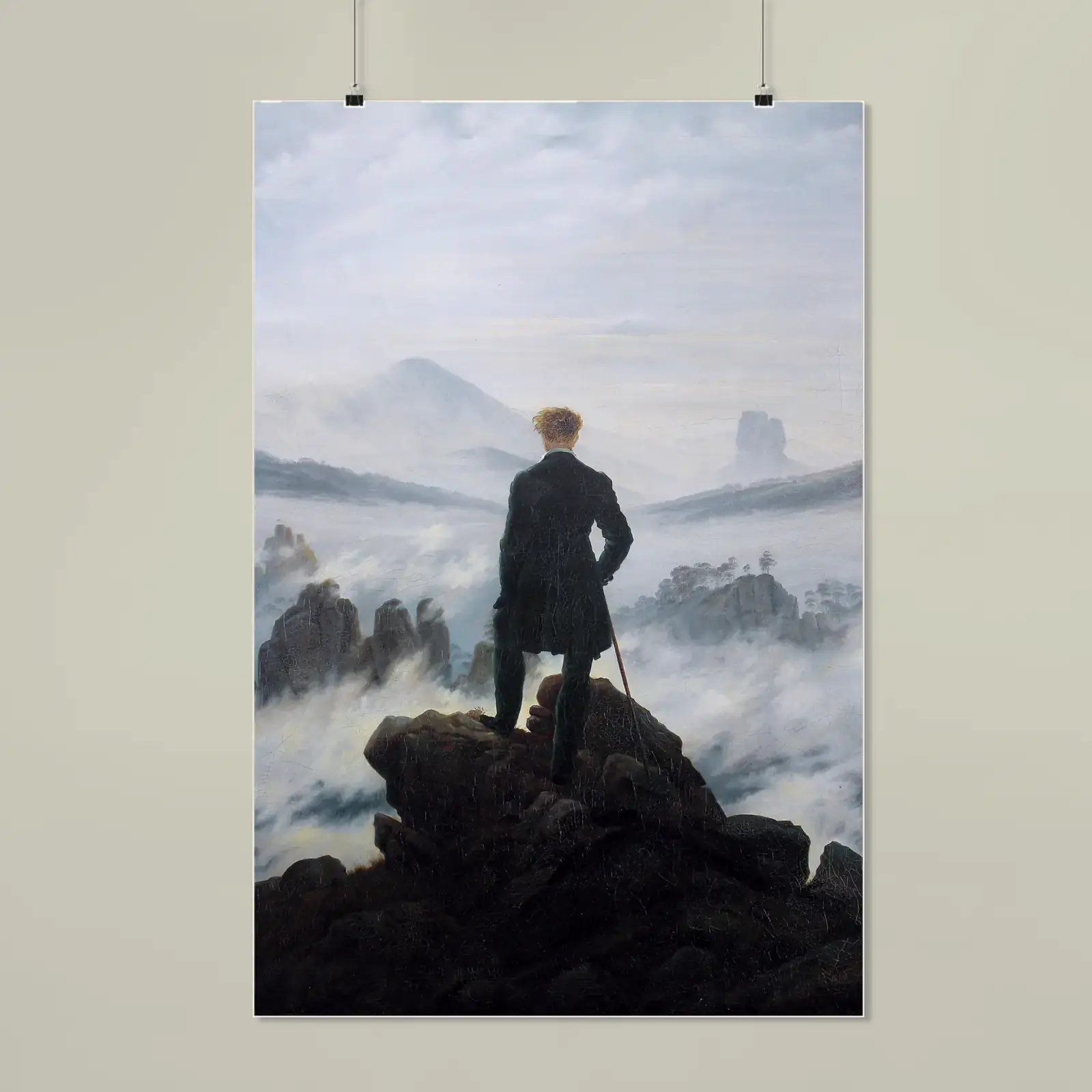 Matte poster shown with Wanderer above the Sea of Fog by Caspar David Friedrich, a public-domain example