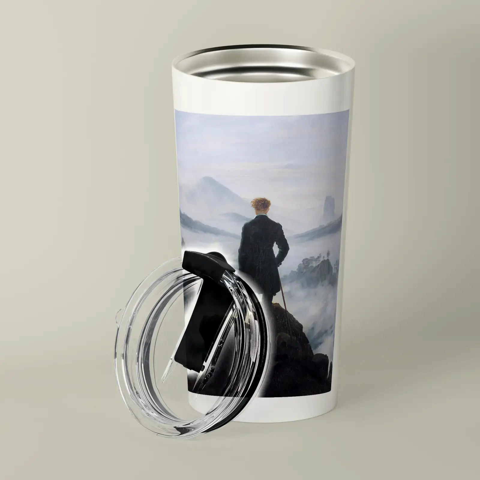 Tumbler shown with Wanderer above the Sea of Fog by Caspar David Friedrich, a public-domain example