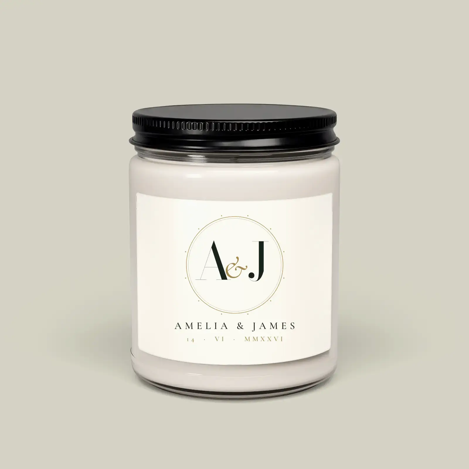 "A & J wedding monogram", an example design by Vessim, printed on a soy candle
