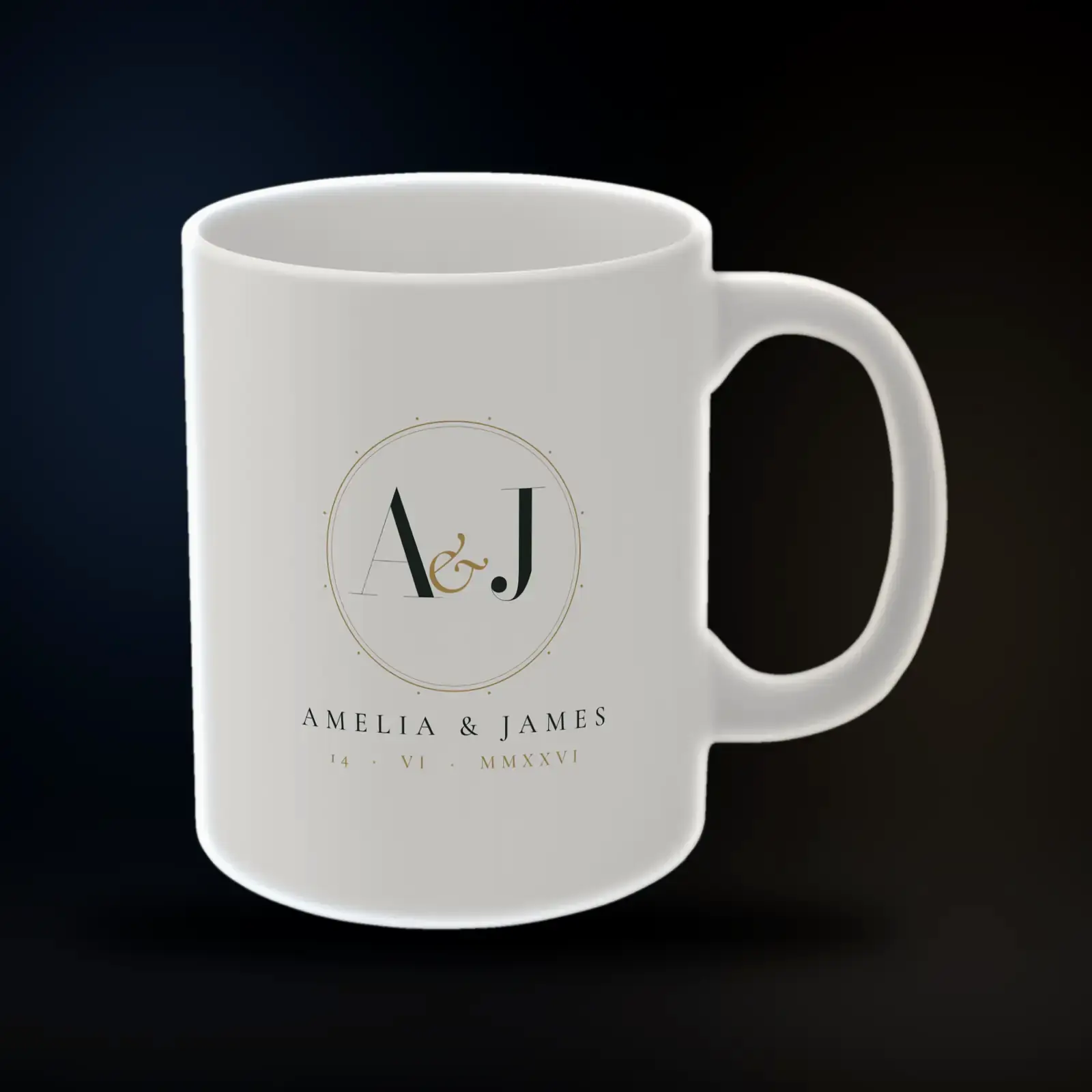 "A & J wedding monogram", an example design by Vesim, printed on a mug