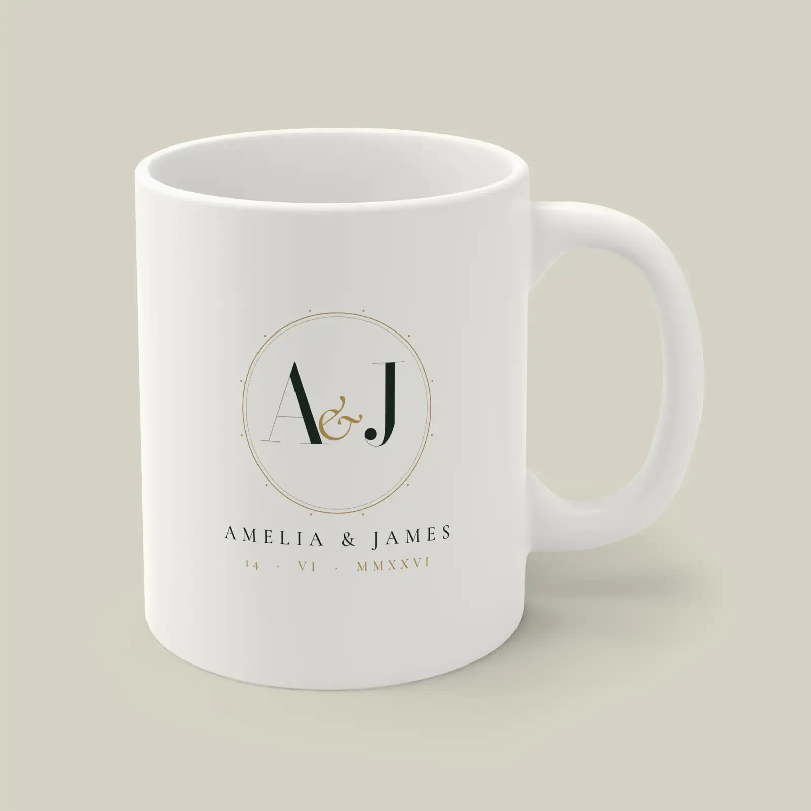 "A & J wedding monogram", an example design by Vessim, printed on a mug